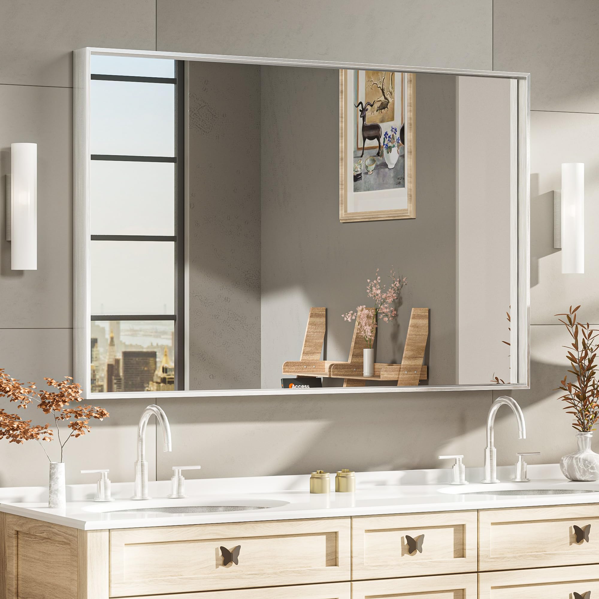 TETOTE Brushed Nickel Bathroom Mirror 40x30 Inch Framed Silver Bathroom Mirror Large Rectangle Metal Frame Farmhouse Modern Rectangular Bathroom Vanity Mirror for Wall Decor (Horizontal/Vertical)