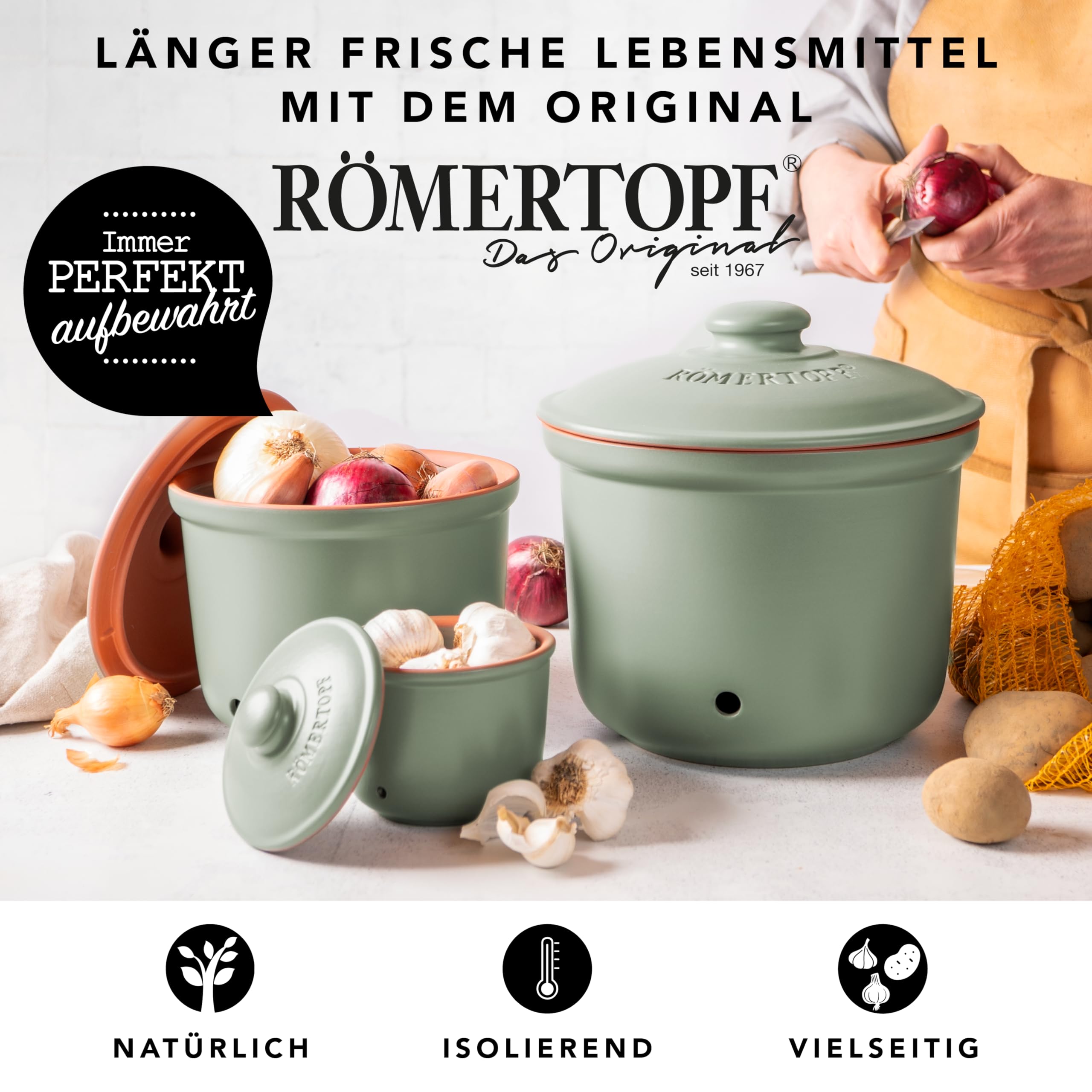 Romertopf Kartoffeltopf & Zwiebeltopf 3er Set – Vorratsdosen aus Keramik für Kartoffeln, Zwiebeln & Knoblauch – atmungsaktiver Ton hält Gemüse länger frisch – Grün