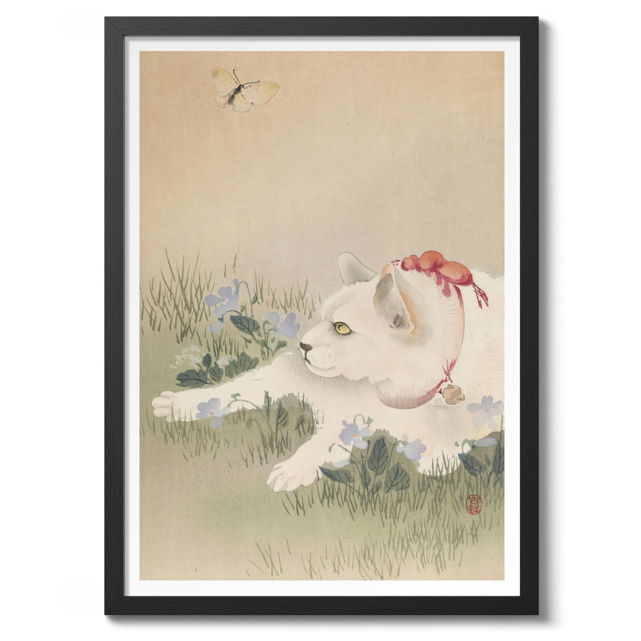 Cat & Butterfly Ohara Koson Poster, Japanese Woodblock Ukiyo-E Print, Vintage Nature Art Picture Animal Painting Wall Art Exhibition, Japan Artwork Home Decor, 50x70cm (Black Frame) - 53x73cm