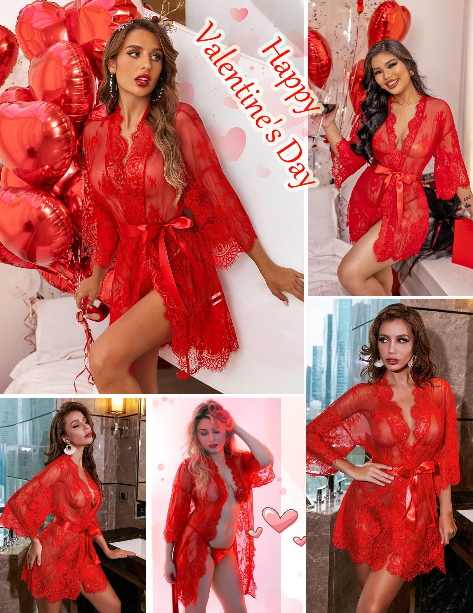 Avidlove Women's Lace Kimono Robe Babydoll Lingerie Mesh Nightgown S-5XL: Red Small