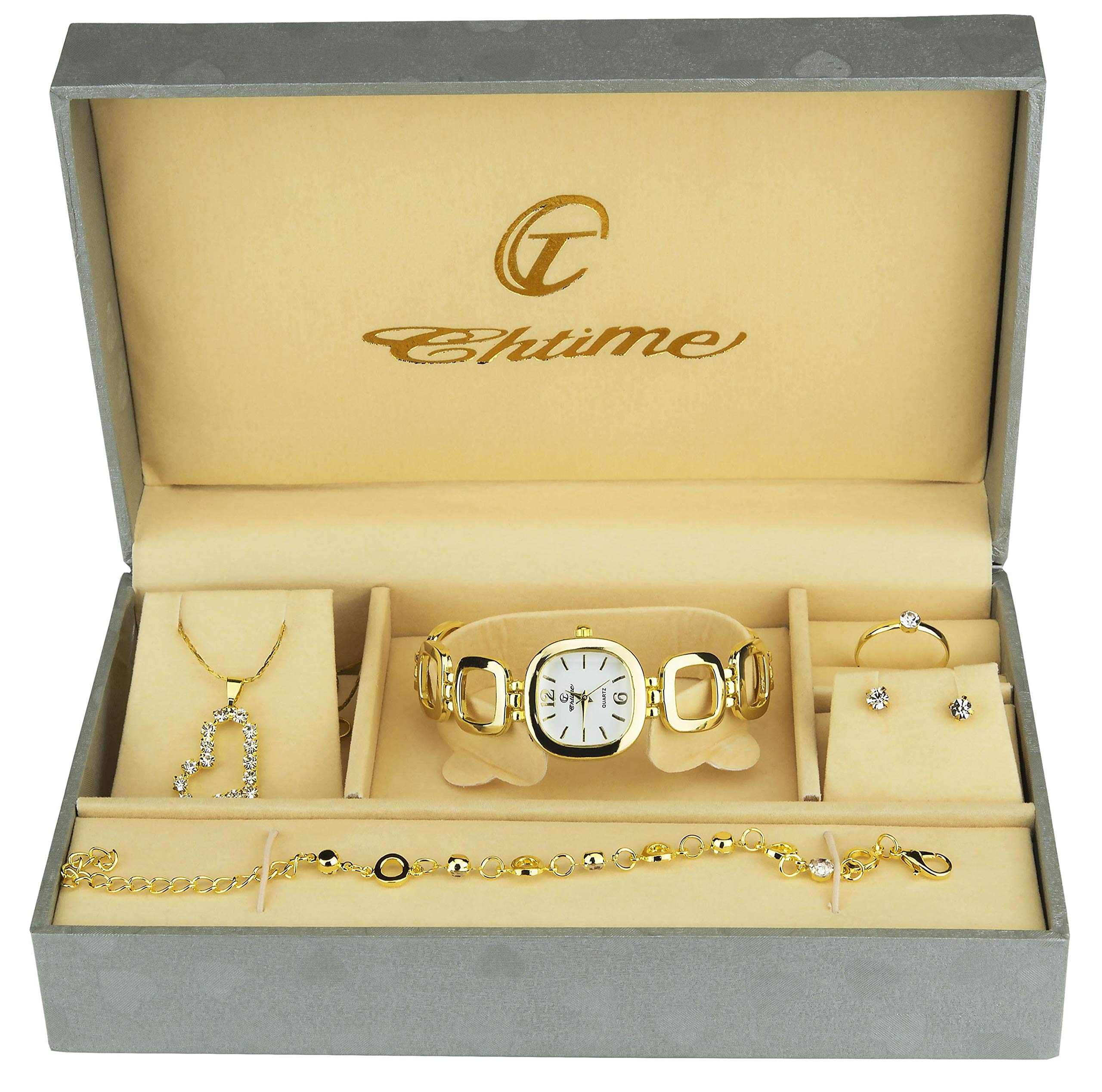 Coffret cadeau Montre Femme - Parure de Bijoux- Collier-Bague- Boucles d'oreilles - Bracelet