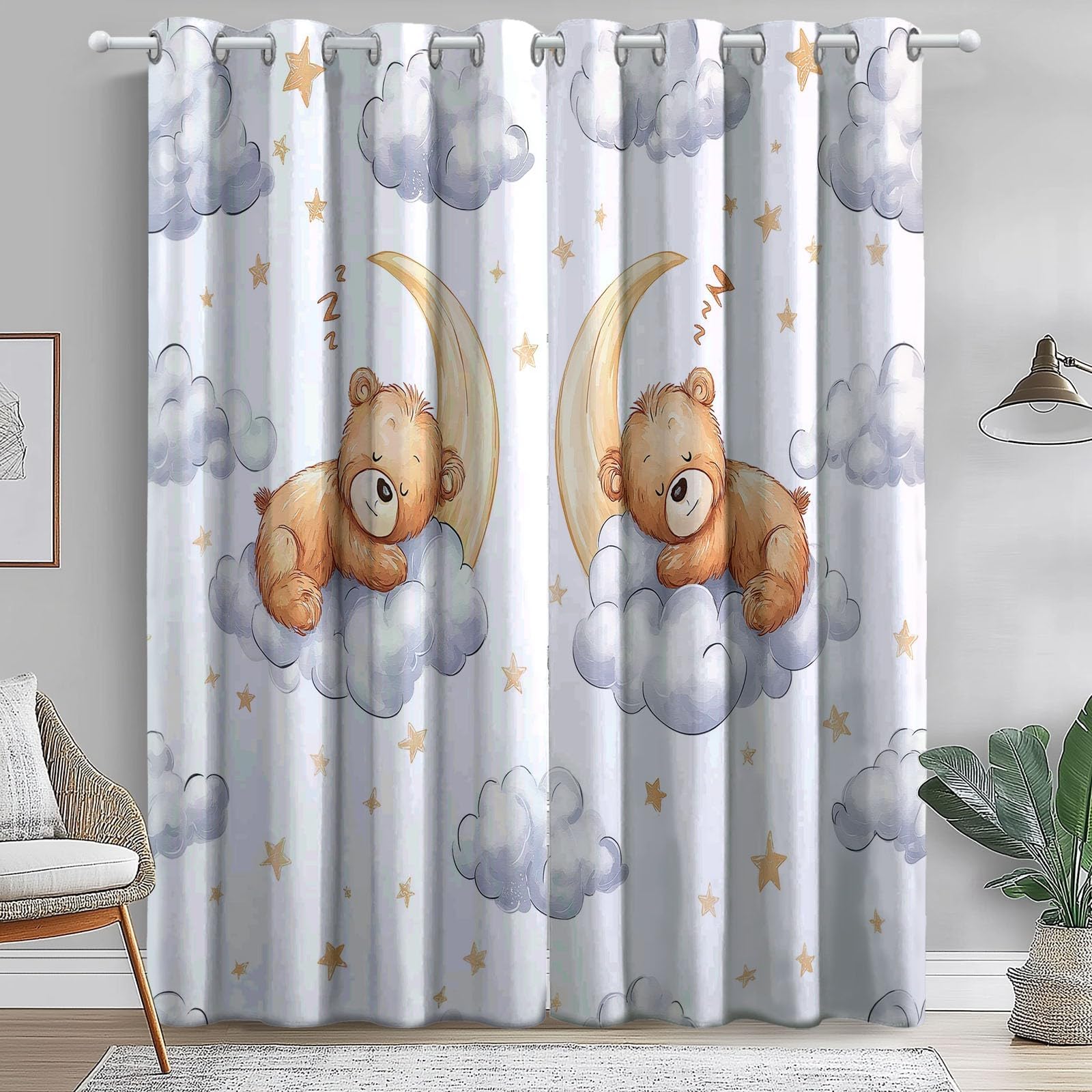 Kinder-Verdunkelungsvorhänge mit Bärenmotiv, 100 x 135 cm (B x H), niedlicher Baby-Teddybär, Mond, Sterne, Wolken, Aquarell-Tiermotiv, 2er Set für Babyzimmer (Mädchen/Jungen)