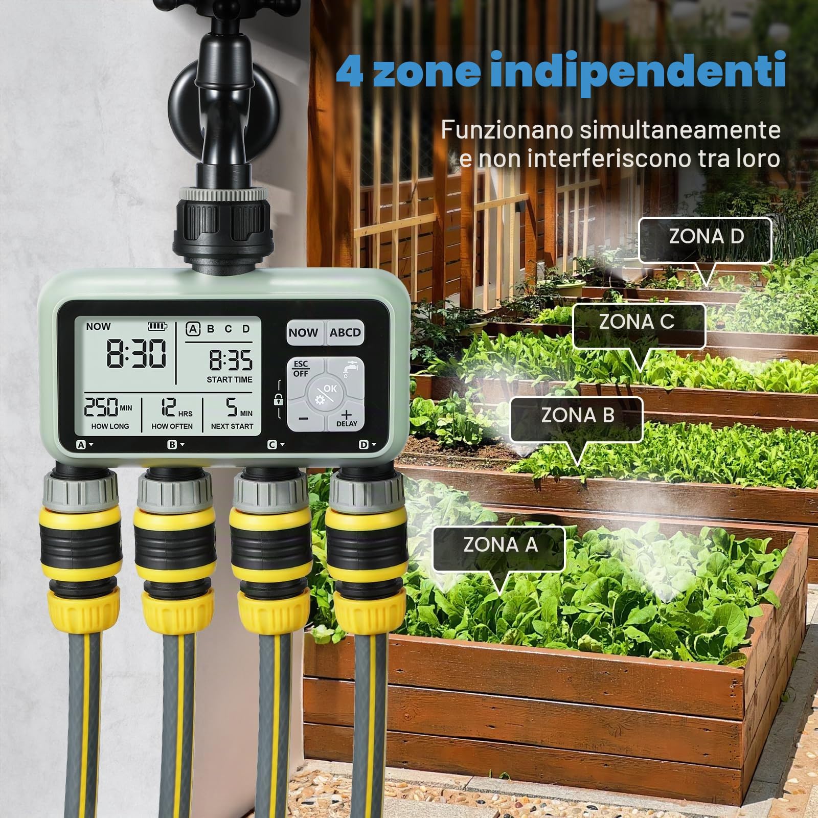 CROSOFMI 4 Vie Timer Irrigazione Automatica Digitale Centralina Irrigazione Temporizzatore Programmatore Irrigazione Giardino /IPX5 Impermeabile/Ritardo Pioggia/Modalità di Irrigazione Manuale
