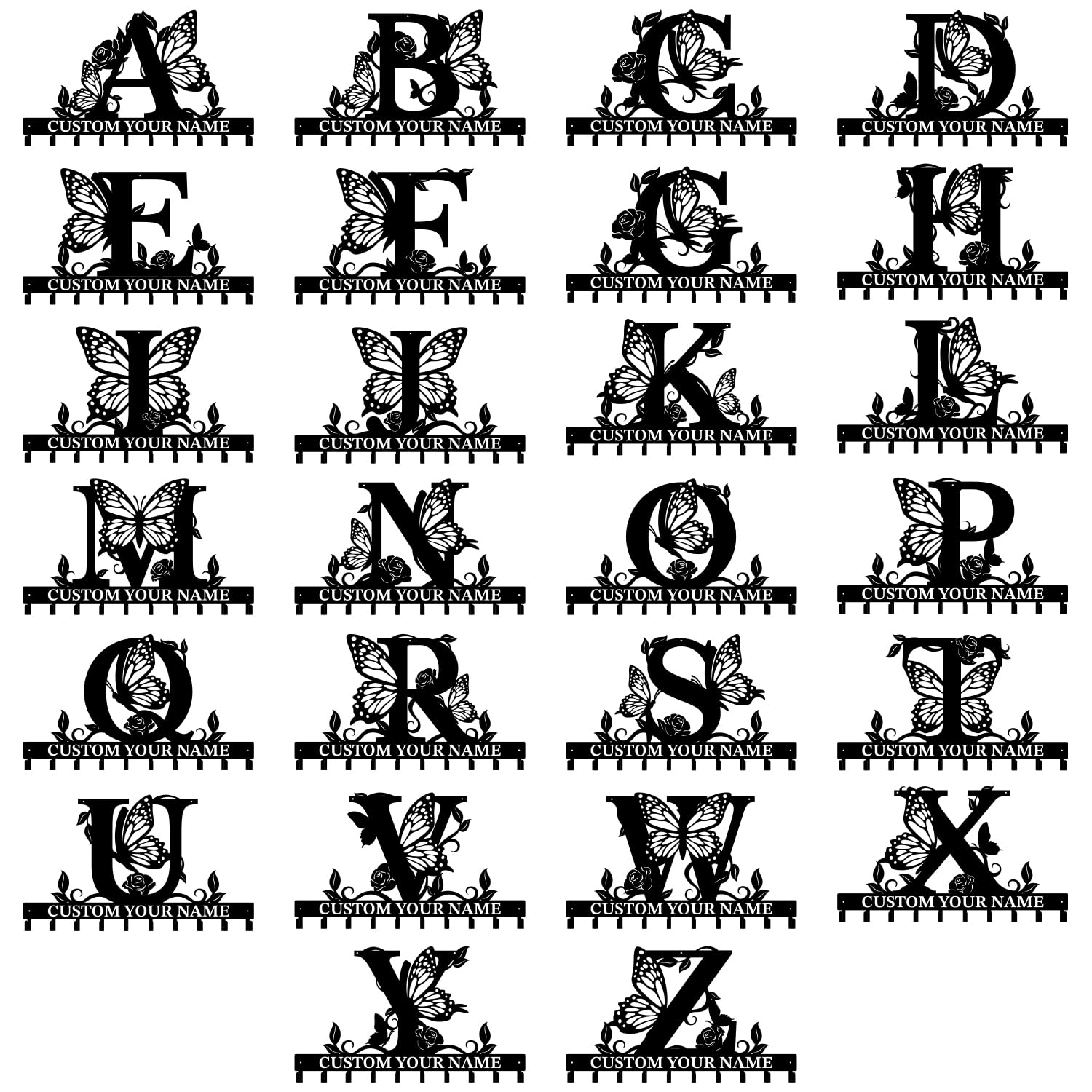 Personalized Custom Name Butterfly Rose Letter Metal Wall Keys Hooks Decor,Monogram Clothes Hooks Art coat racks,door holder,Decorations for home,Entrance,Hallway, Kitchen, Bedroom,Keys,Hats
