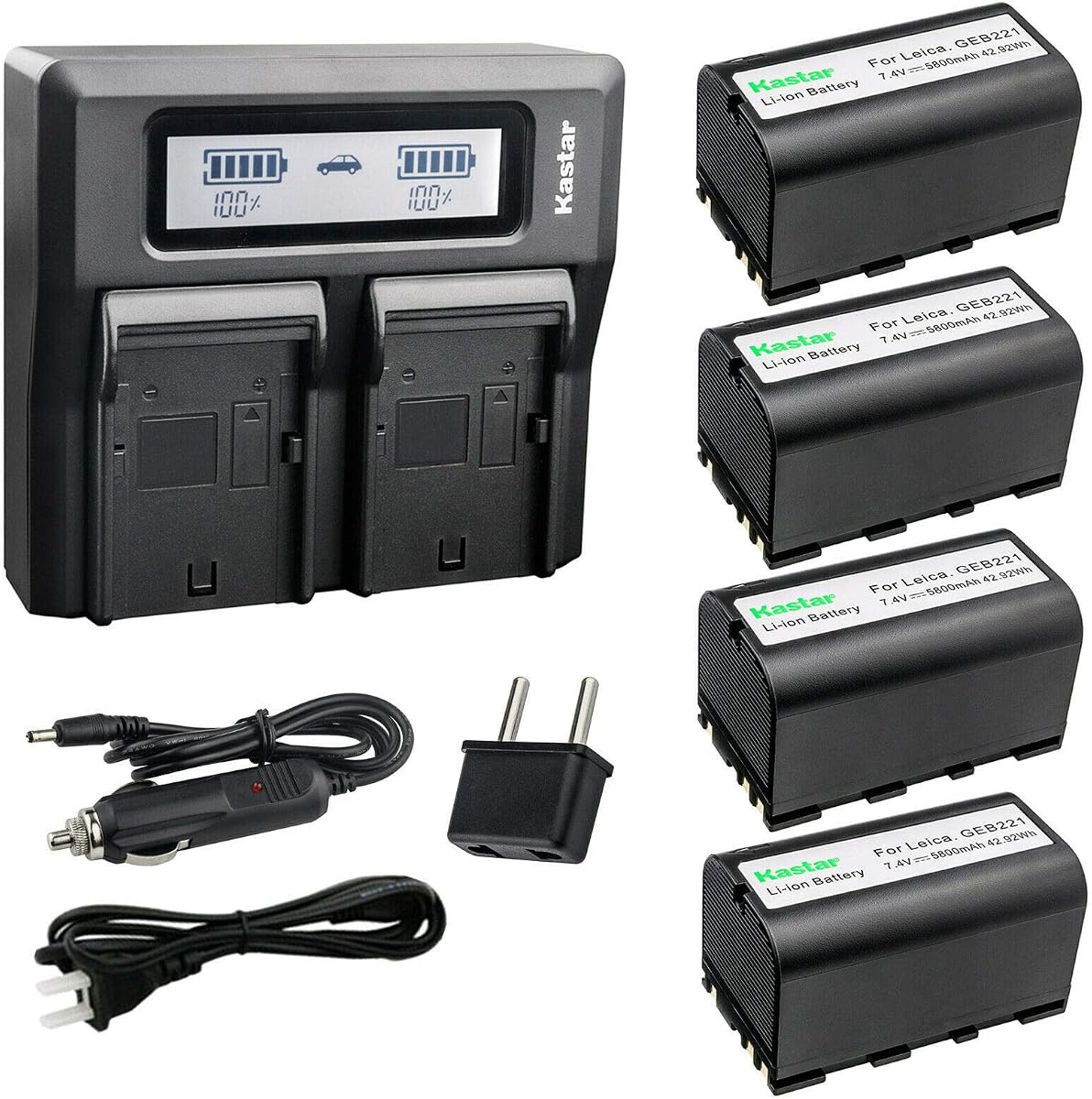 Kastar 4 Pack Battery and LCD Dual Fast Charger for Leica 724117 733269 733270 T733270 772806 Leica GEB70 GEB90 GEB111 GEB171 GEB211 GEB212 GEB221 GEB241 GEB242 GKL311 ATX900 ATX1200 ATX1230 CS10 CS15