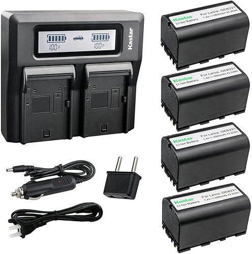 Kastar Paquete de 4 baterías y LCD cargador rápido dual para Leica 724117 733269 733270 T733270 772806 Leica GEB70 GEB90 GEB111 GEB171 GEB211 GEB212