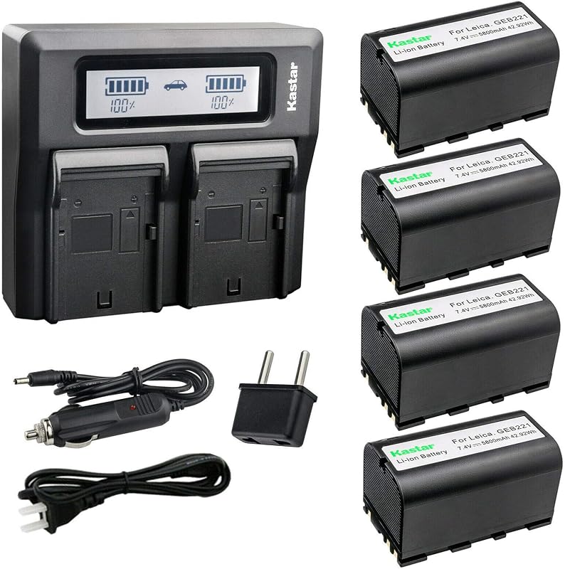 Kastar 4 Pack Battery and LCD Dual Fast Charger for Leica 724117 733269 733270 T733270 772806 Leica GEB70 GEB90 GEB111 GEB171 GEB211 GEB212 GEB221 GEB241 GEB242 GKL311 ATX900 ATX1200 ATX1230 CS10 CS15