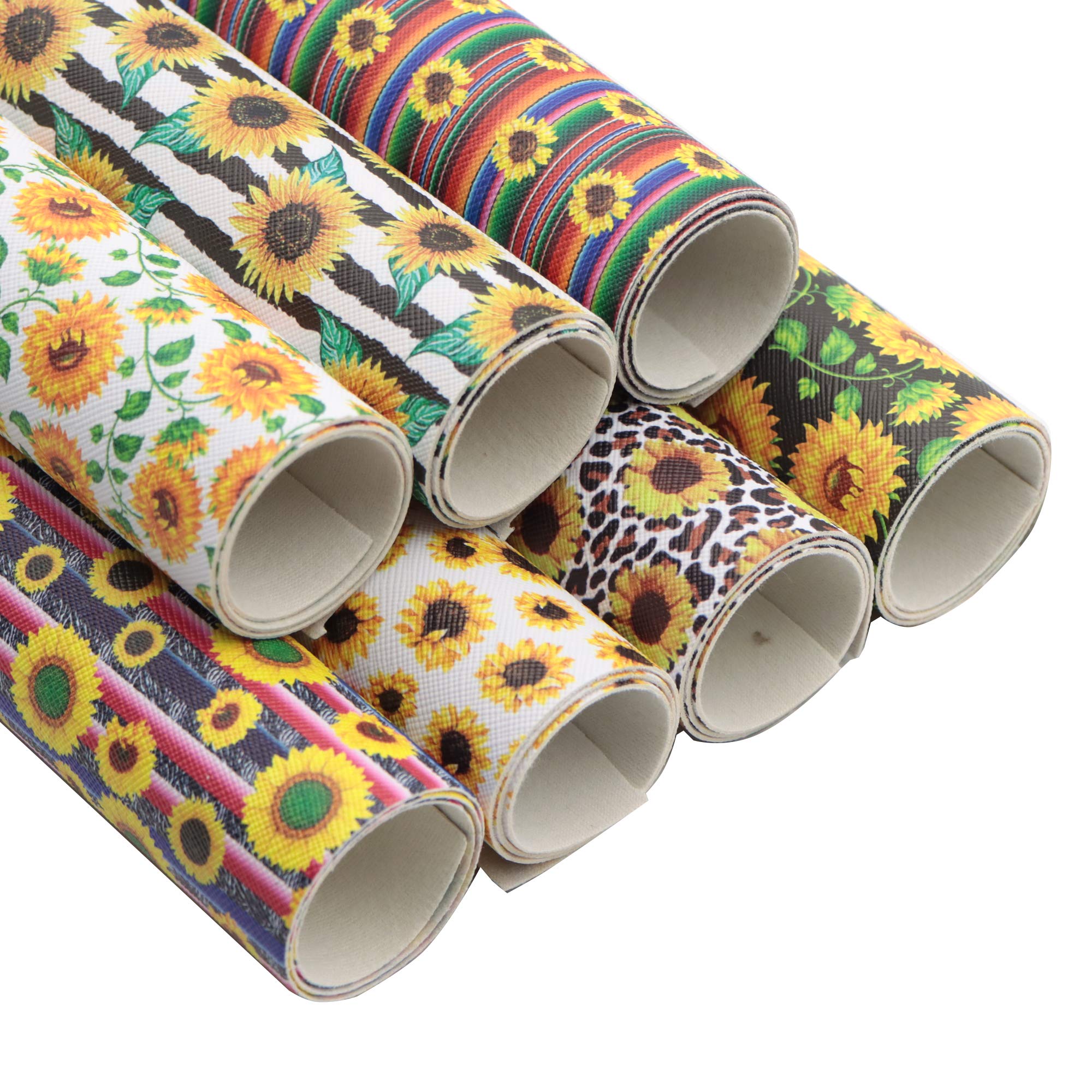 David angie Sunflower Patterned Faux Leather Sheet Multi-Pattern Sunflower Synthetic Leather Sheet 7pcs 7.7" x 12.9" (20 cm x 33 cm) for Leather Earrings Bows Making (Set)