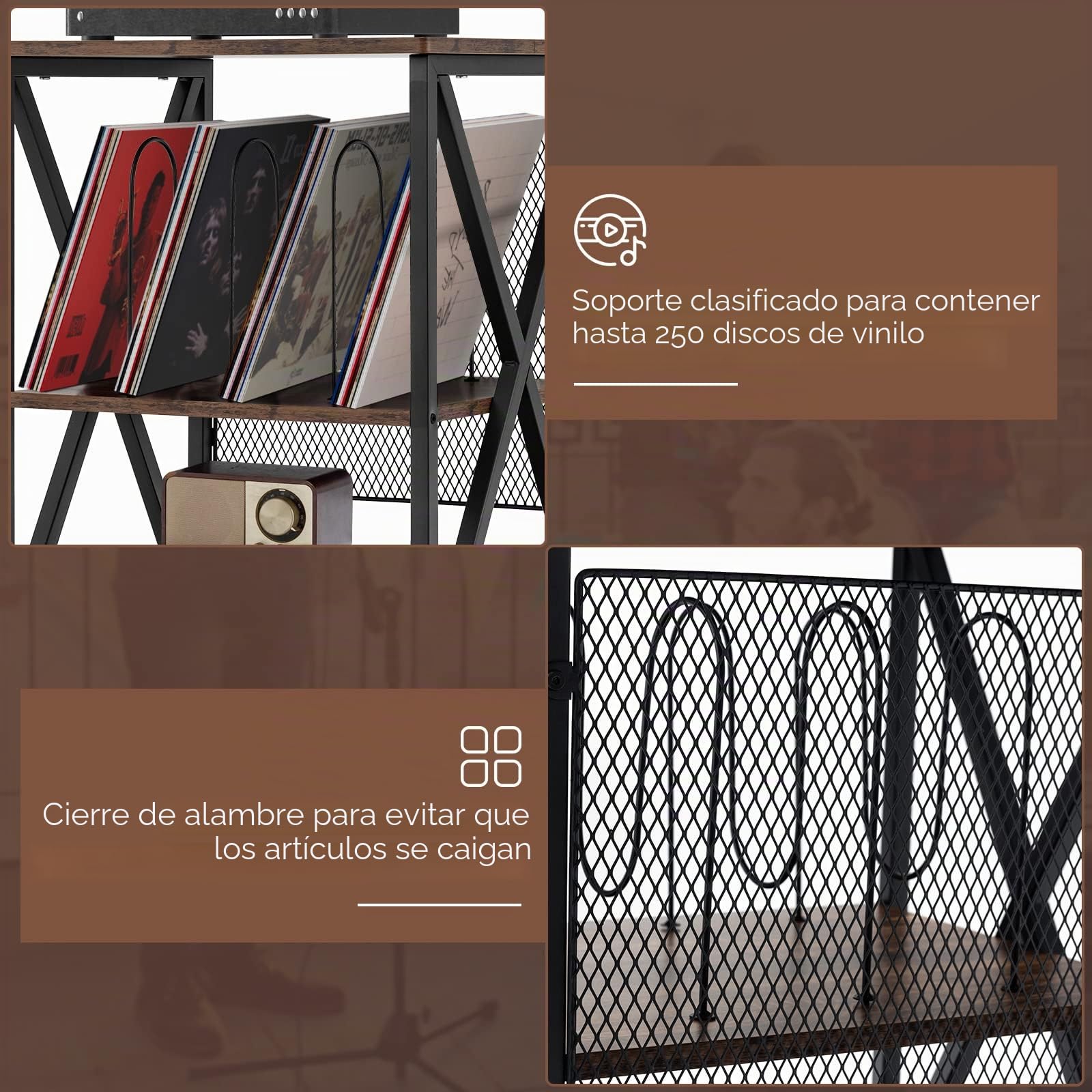 GOPLUS - Mueble de vinilo de 3 niveles con estación de carga, ruedas cerradas, marco de metal, mesa auxiliar para 250 vinilos para sala de estar, oficina, 52 x 45 x 75 cm (marrón rústico)