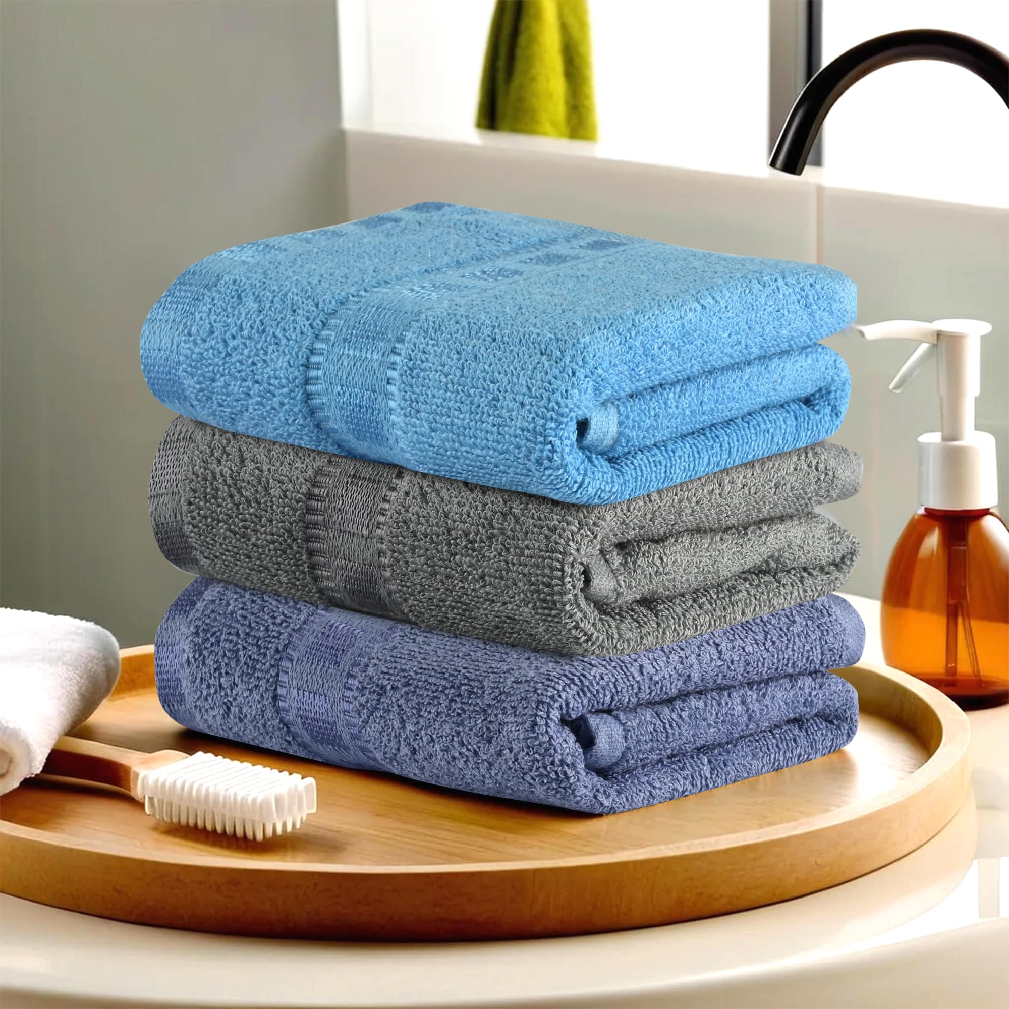 Urbane Home Pack of 3 Cotton Hand/Face Towels for Men & Women | Easily Washable | Workout Gym Napkins for Men | Pocket Towel - Dark Blue-Grey & Sky Blue