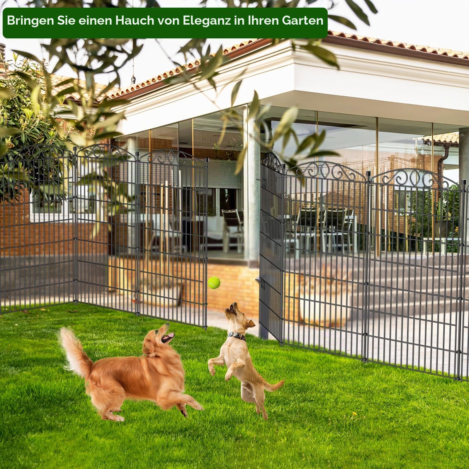 10 Paneele Gartenzaun mit Tor – 122 cm H x 7,1 m L, ohne Graben, rostfreier Metall-Hundezaun für Hunde und Kaninchen, dekorative Außengrenze für Hof, Terrasse und Blumenbeete