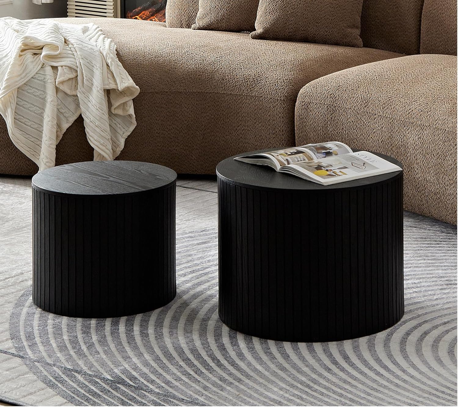 Round Nesting Coffee Table Set - Modern Side Table End Table Coffee Table Set of 2 with Hidden Storage for Living Room, Wood Circle Drum Coffee Table Contemporary Living Room End Table (Black)