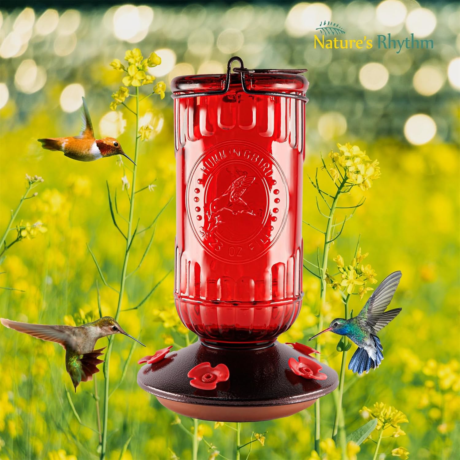Nature's Rhythm Bird Feeder Vintage Red Antique Glass Bottle Hummingbird Feeder 5 Feeding Ports and 23-Ounce Nectar Capacity Per Feeder - Image 5