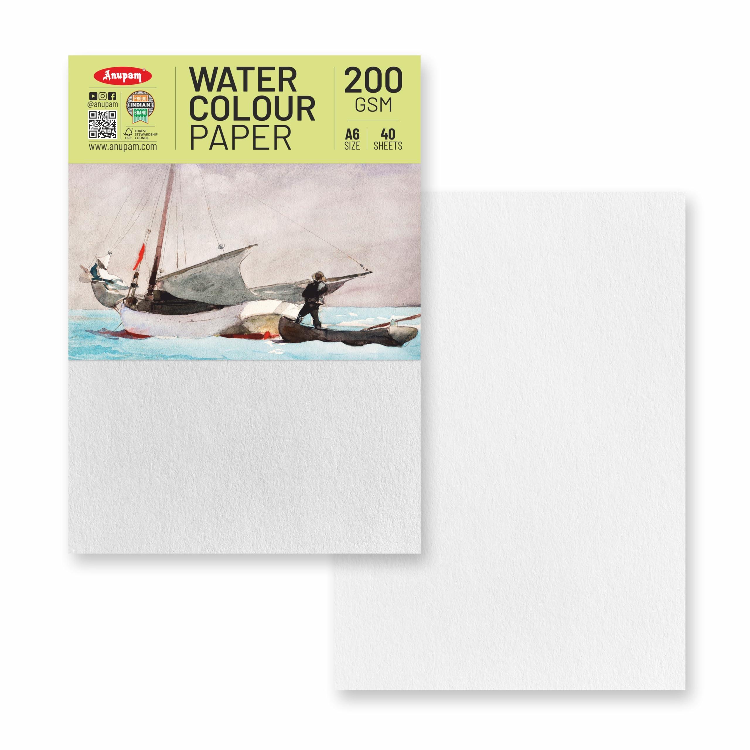 Anupam Aquarellpapier, A6, 200 g/m², kaltgepresst, säurefrei, beidseitig verwendbares Aquarellpapier für Aquarell, Acryl, Gouache, Tinte und gemischte Medien, 40 Blatt (2 Stück)