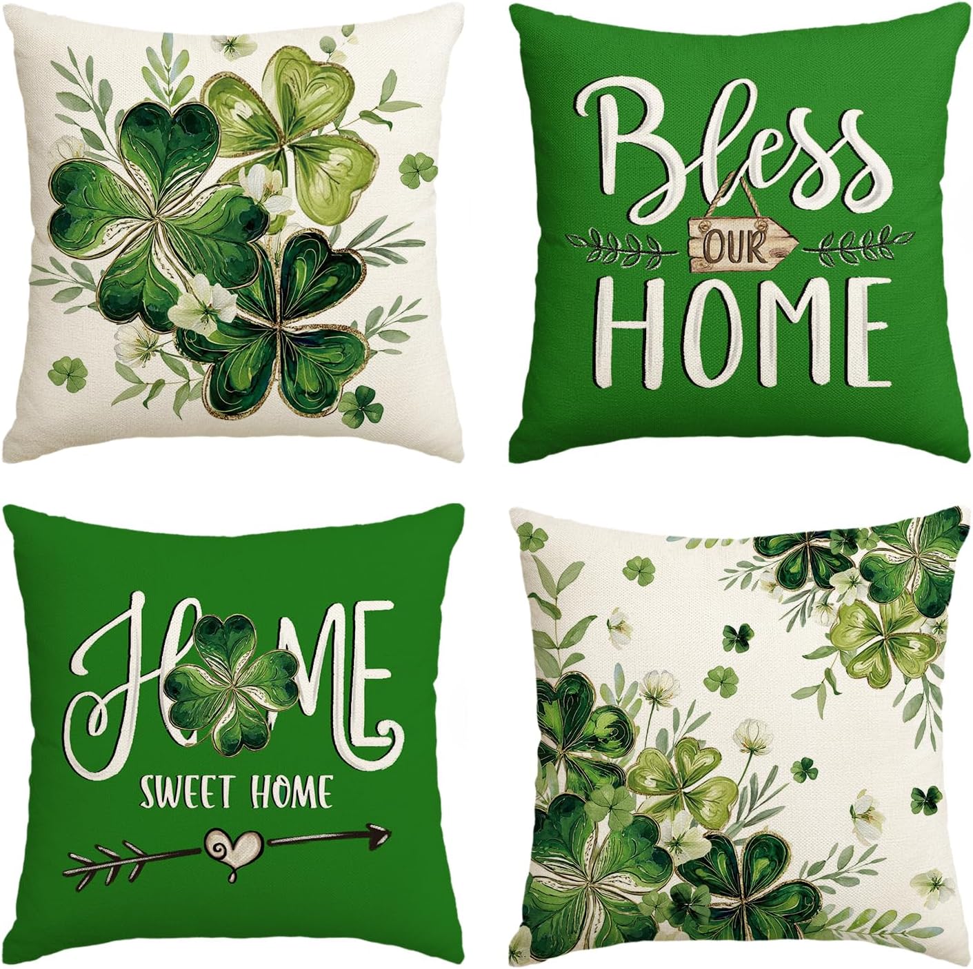 AVOIN colorlife St Patricks Day Lucky Shamrock Floral Throw Pillow Covers, 18 x 18 Inch Bless Our Home Sweet Home Farmhouse Cushion Case Decoration for Sofa Couch Set of 4