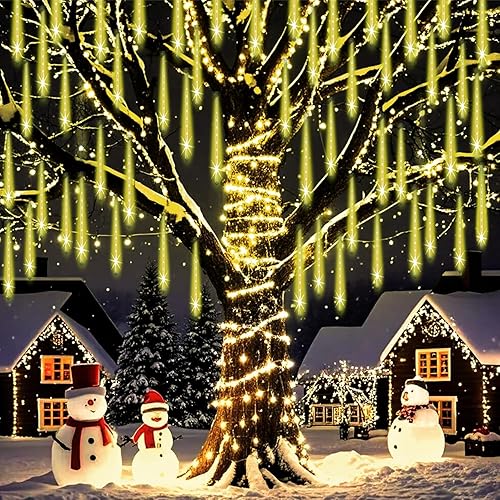 Miniatura 2 de Luces de Navidad para exteriores, luces de lluvia de meteoritos de 11.8 in, 8 tubos, 144 luces LED que caen en forma de gota de lluvia para Acción