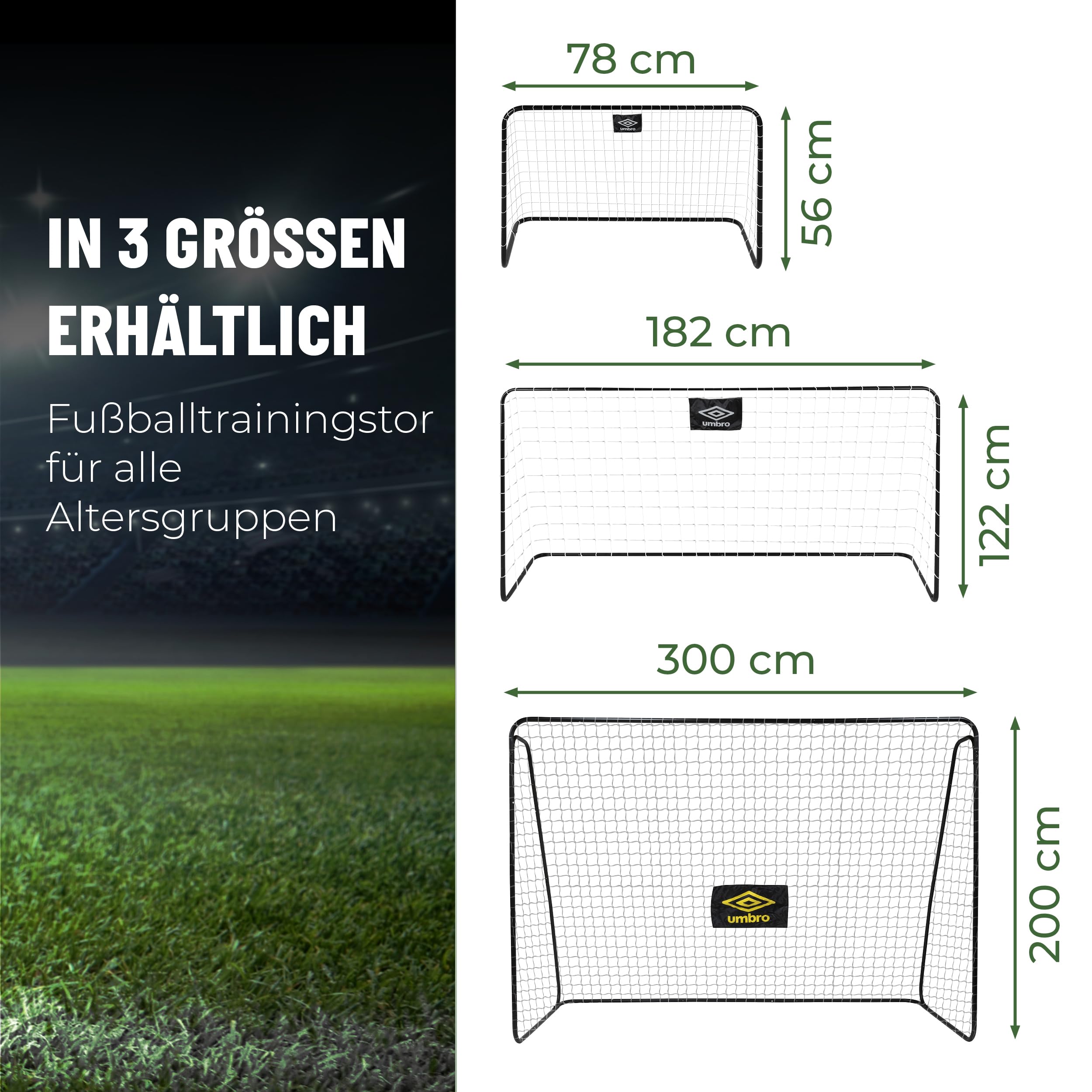 Umbro Fußballtor - Fussballtor 300 x 120 x 205 cm - Fußball Tor - Fussballtore für Garten Kinder und Erwachsene - Fussball Trainingszubehör für Innen und Außen - Metall - Schwarz/Gelb