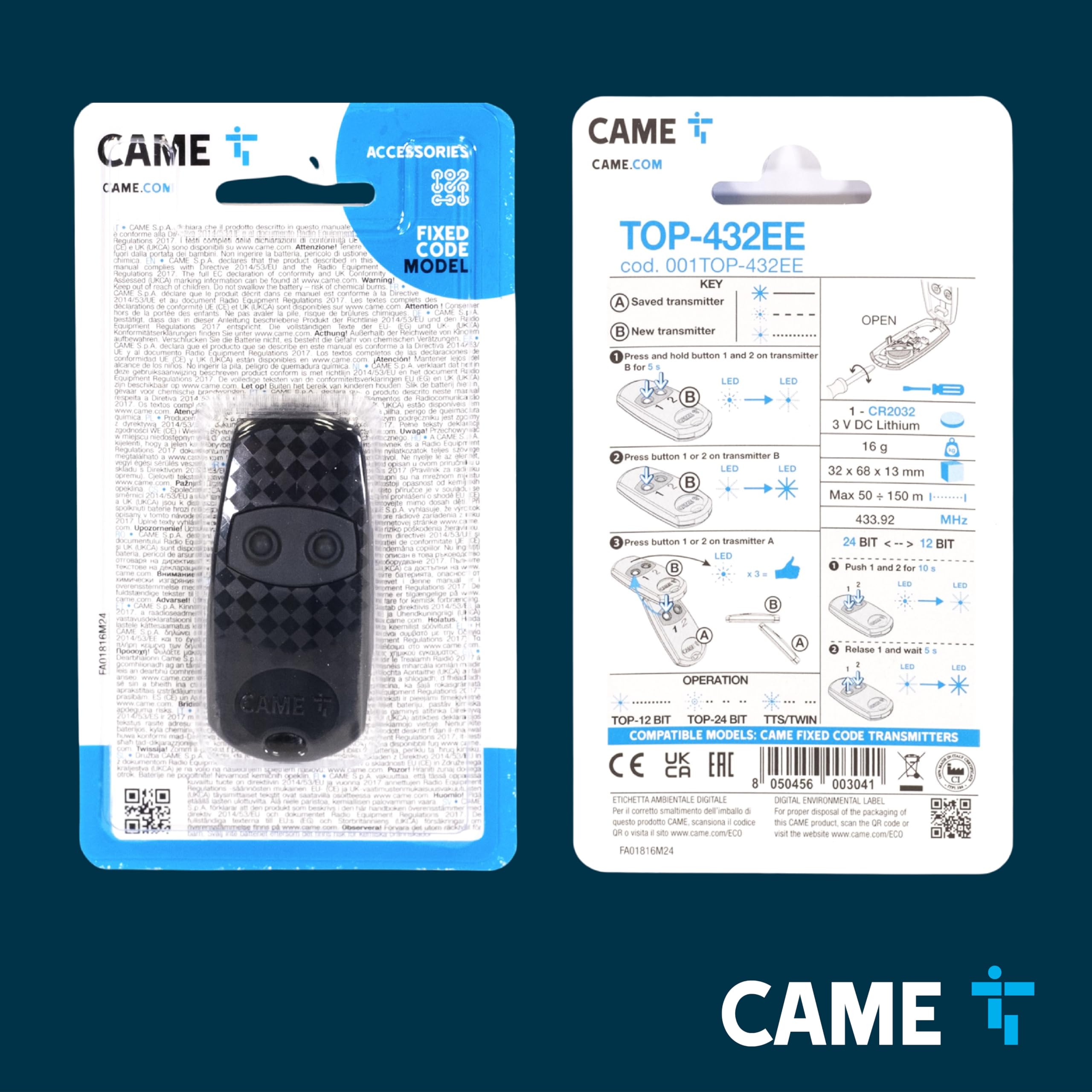 CAME Telecomando TOP-432EE bicanale nero multiutenza codice fisso con autoapprendimento, 433,92 MHz, batteria CR2032 inclusa, compatibile solo con modelli CAME, pratico e sicuro per controllo accessi
