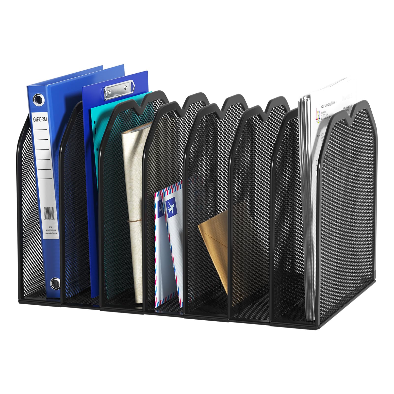 FANXIYQ Organizer per cartelle di file a 7 sezioni nero per scrivania - Porta file verticale in metallo, organizer per file desktop Supporto verticale, rack per cartelle lettere/A4, organizer per