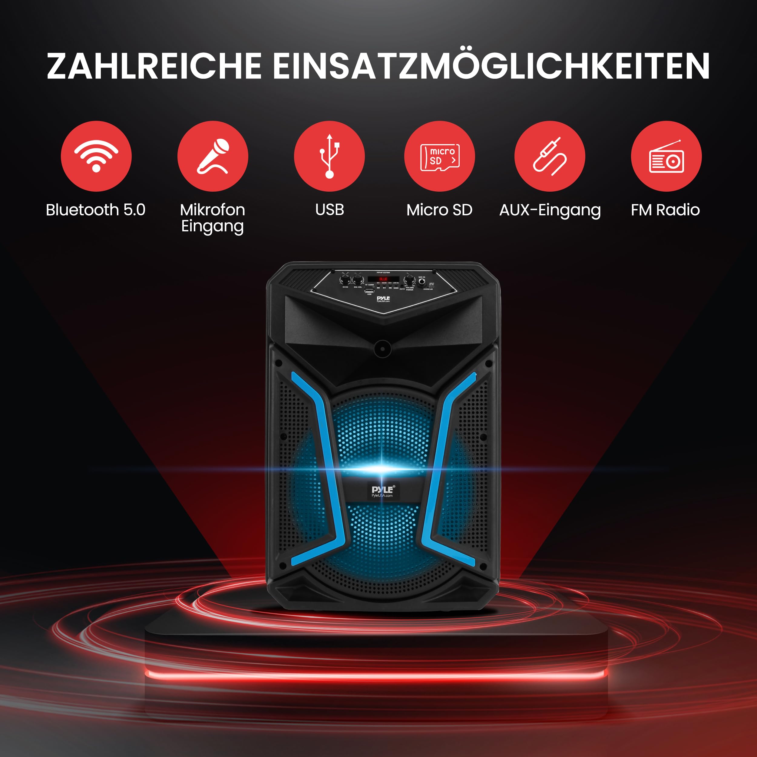 Pyle Partybox Bluetooth 12 Zoll 800W Lautsprecher – Leistungsstarke PA Anlage mit Akku, Mikrofon, LED Lichteffekte, USB, AUX, FM Radio, Rollen & Teleskopgriff