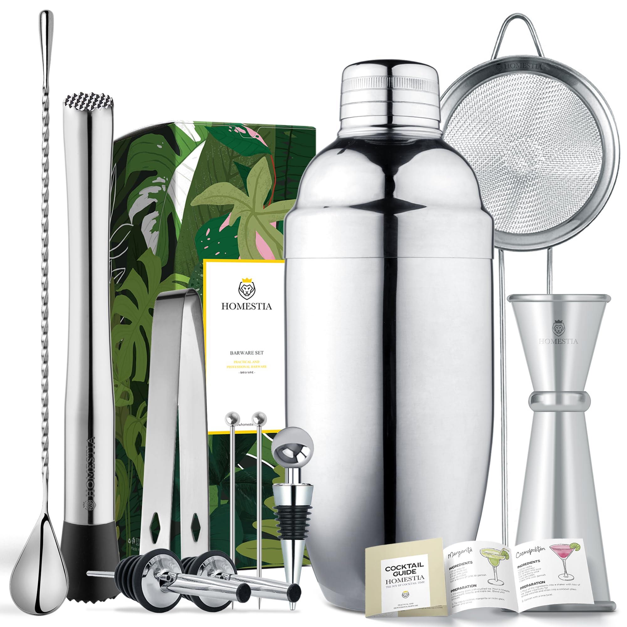 Homestia Juego de coctelera de 8 piezas, coctelera de acero inoxidable 304, coctelera de 680.4 g, kit de margarita, jigger, colador de malla fina (plateado)
