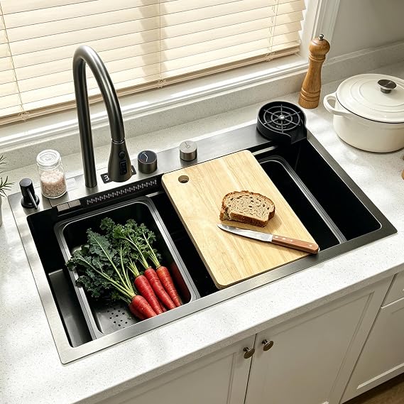 68 x 45 cm Kitchen Sink, Stainless Steel, Rectangular, Waterfall Sink Drainage Left, Kitchen Sink with Tap Hole and Overflow, Siphon, Multifunctional Bar Sink, Kitchen Workstation