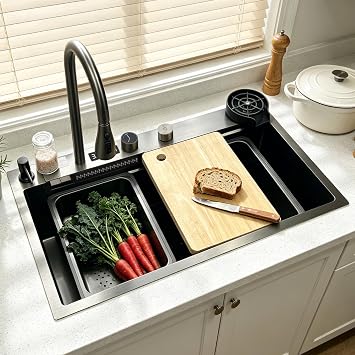 68 x 45 cm Kitchen Sink, Stainless Steel, Rectangular, Waterfall Sink Drainage Left, Kitchen Sink with Tap Hole and Overflow, Siphon, Multifunctional Bar Sink, Kitchen Workstation