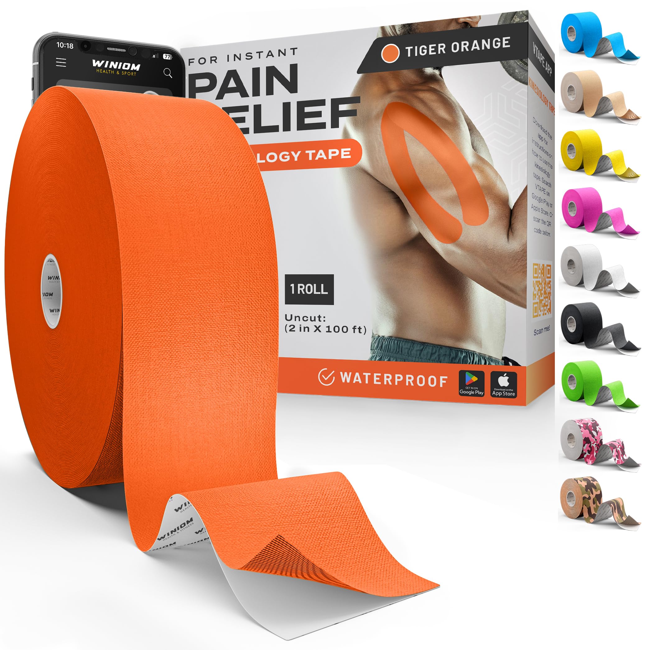 Kinesiology Tape - Waterproof Athletic Sports Tape for Knee, Shoulder, Arm &amp; Back Support | 3-5 Day Adhesion, Hypoallergenic &amp; Latex-Free + Taping Guide (Uncut, 2"x100ft Roll, Tiger Orange)