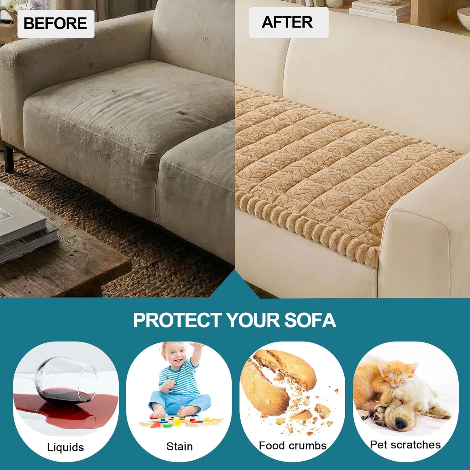 KRFOONN Non Slip Couch Cover for Dogs Washable Sofa Covers for 3 Cushion Couch Cushion Covers Sofa Slipcovers Couches Furniture Protector with Elastic Straps for Dogs Pets Mat (Khaki, 27.6" x 82.7")
