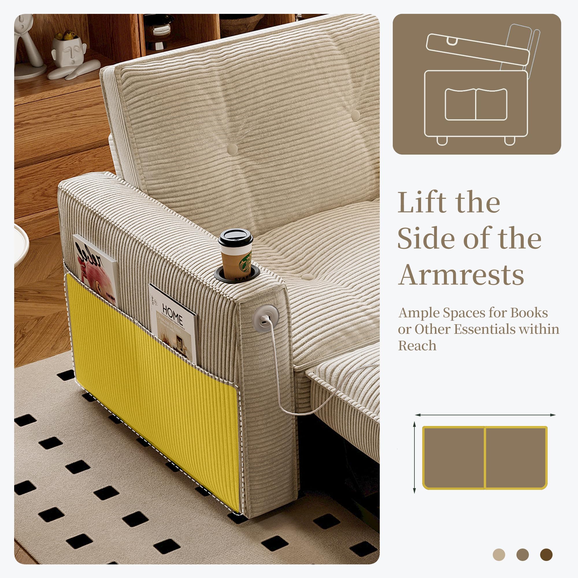 73.2'' Sleeper Sofa Full Size, Pre-Assembled Corduroy Futon, Beige | Convertible Pull Out Couch with Adjustable Backrest, Cup Holders, Pockets, USB, Loveseat for Living Room, Apartment