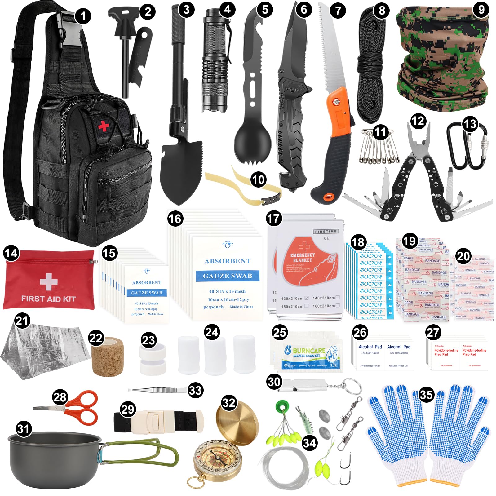 Kit de Supervivencia, 35 en 1 Equipo de Emergencia con Botiquín de Primeros Auxilios Manta de Emergencia Kit de Pesca, Al Aire Libre Supervivencia de Bolsa de Herramientas para Senderismo