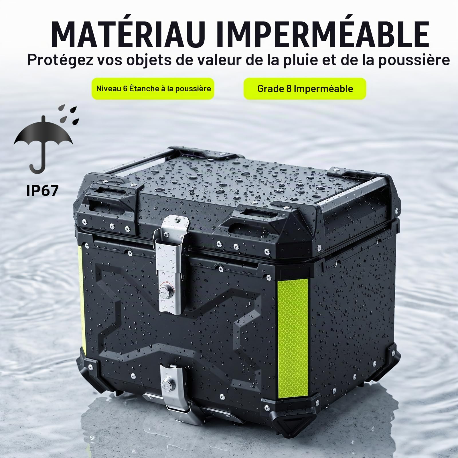 Top Case Universel pour Moto 45L, avec Dossier et Serrure de Sécurité, Coffre de Rangement pour Casque de Moto Étanche, Aluminium，Support de Fixation Universel (Noir)