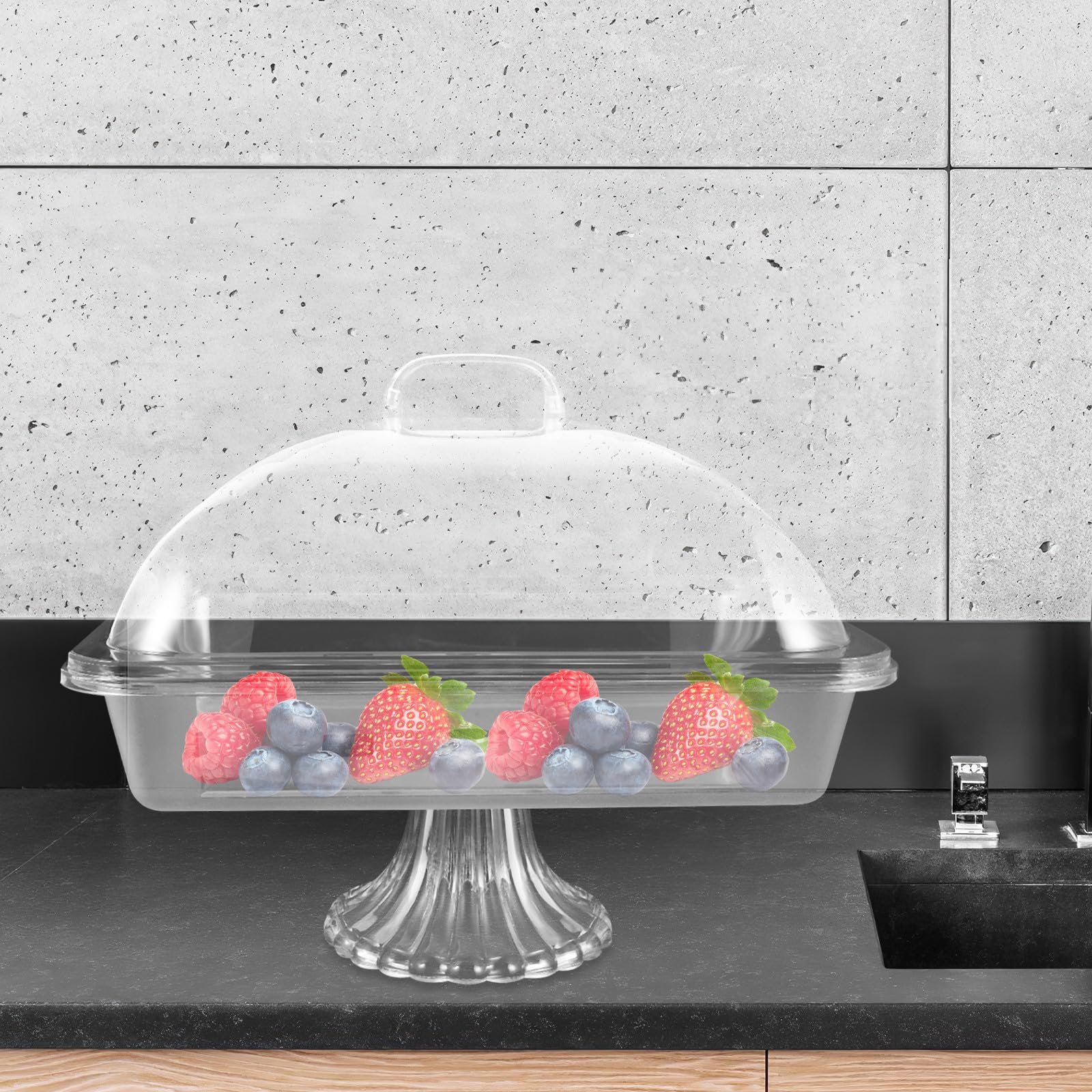 Veemoon Vassoio per servire Cibo: Piatto per servire Cibo Freddo - Alzata per Torte con Coperchio - Piatto da Buffet refrigerato - da Dessert Rettangolare con Base