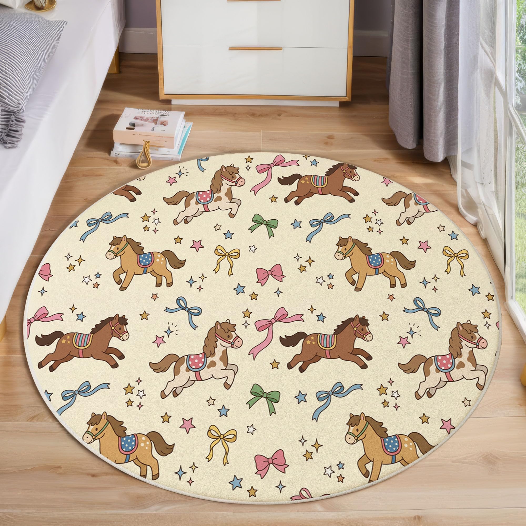 Tapis Rond Dessins Animés Mignons Animaux Beige Salon 100 Cm | Tapis Antidérapant Arc Cheval Ciel Étoilé Pour Chambre Enfant Salle Jeux Décoration, Moquette De Sol Poil Bas Lavable