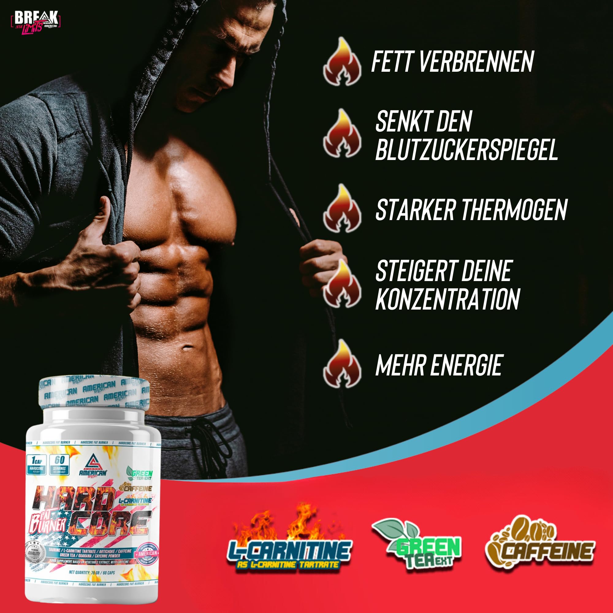 HardCore Fat Burner | Potenter Fatburner zum schnellen und effektiven Abnehmen | Enthält Taurin und L-Carnitin | Unterstützt den Fettabbau | Thermogen | 60 Kapseln