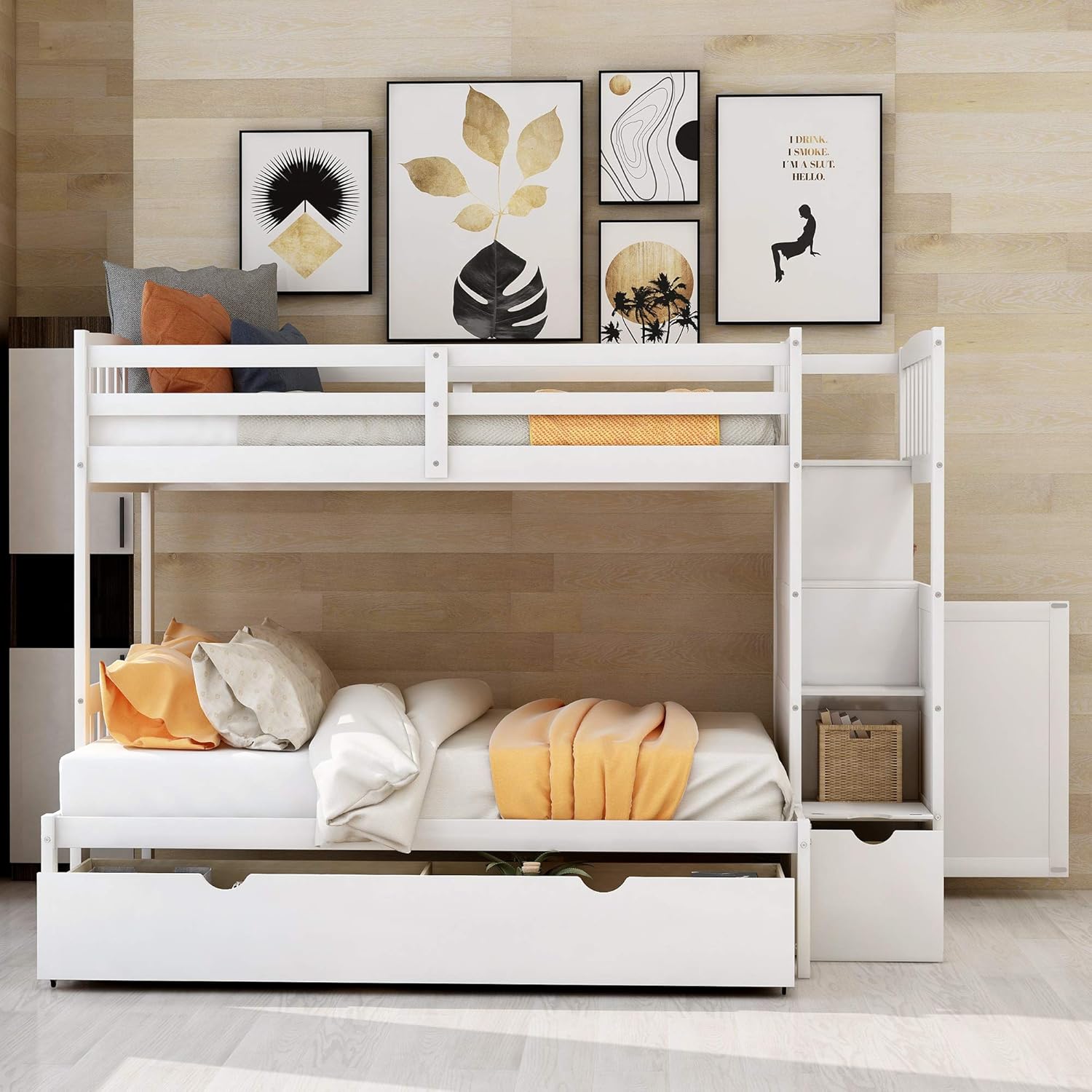 Harper & Bright Designs Twin Over Full/Twin Bunk Bed with 3 Drawers, 4 Storage and Cabinet Door, Twin-Over-Full Convertible Bottom Bed for Bedroom, Dorm, for Family, Kids, Teens, No Box Spring Needed