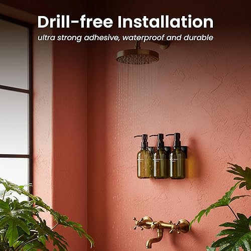 Miniatura 6 de MaisoNovo Dispensador de champú y acondicionador, dispensador de jabón de ducha montado en la pared, juego de 3 botellas de plástico verde de 16.9