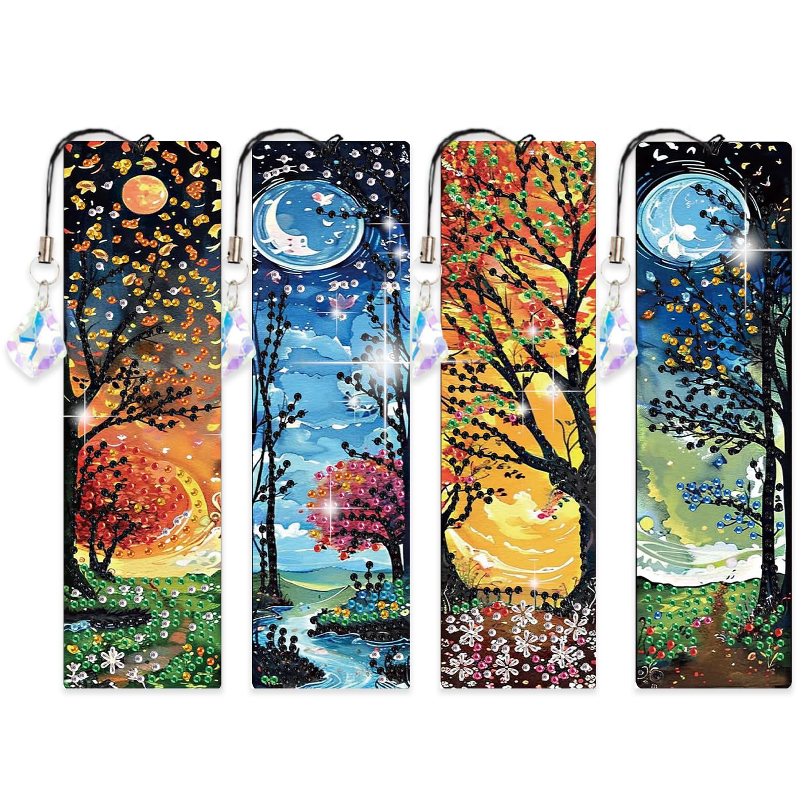 4 PCS Diamond Art Painting Bookmarks, 5D DIY Diamond Bookmark Art Projects with Crystal Pendants Bookmark Special Shape for DIY Making Beginners Adult Arts Craft Supplies for Adults Kids
