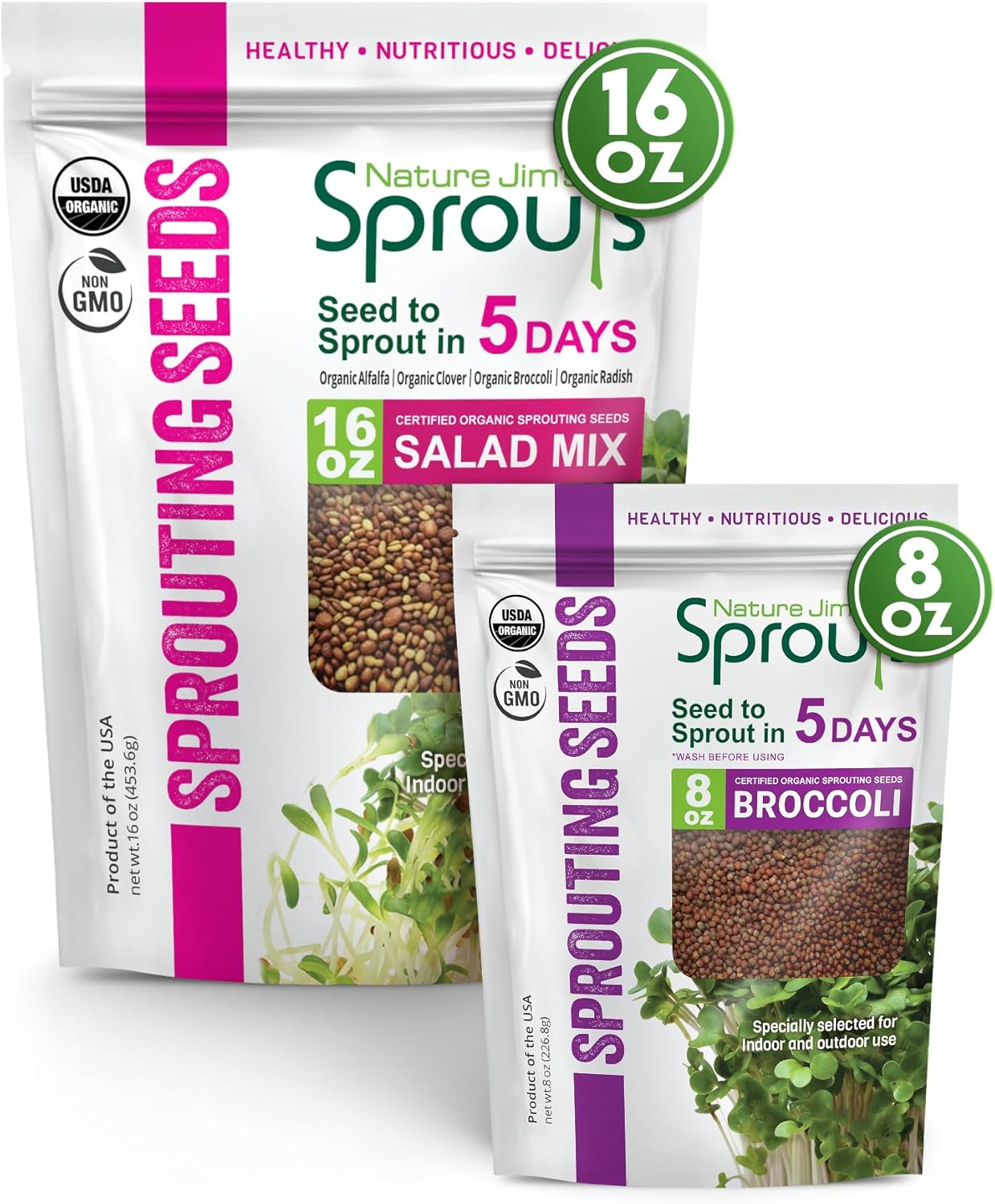 Nature Jims Organic Broccoli Sprout Seeds and Organic Salad Mix Seeds, Microgreens Variety for Healthy Indoor or Outdoor Growing, Nutritious Mix for Home Garden - 8oz + 1lb Bundle