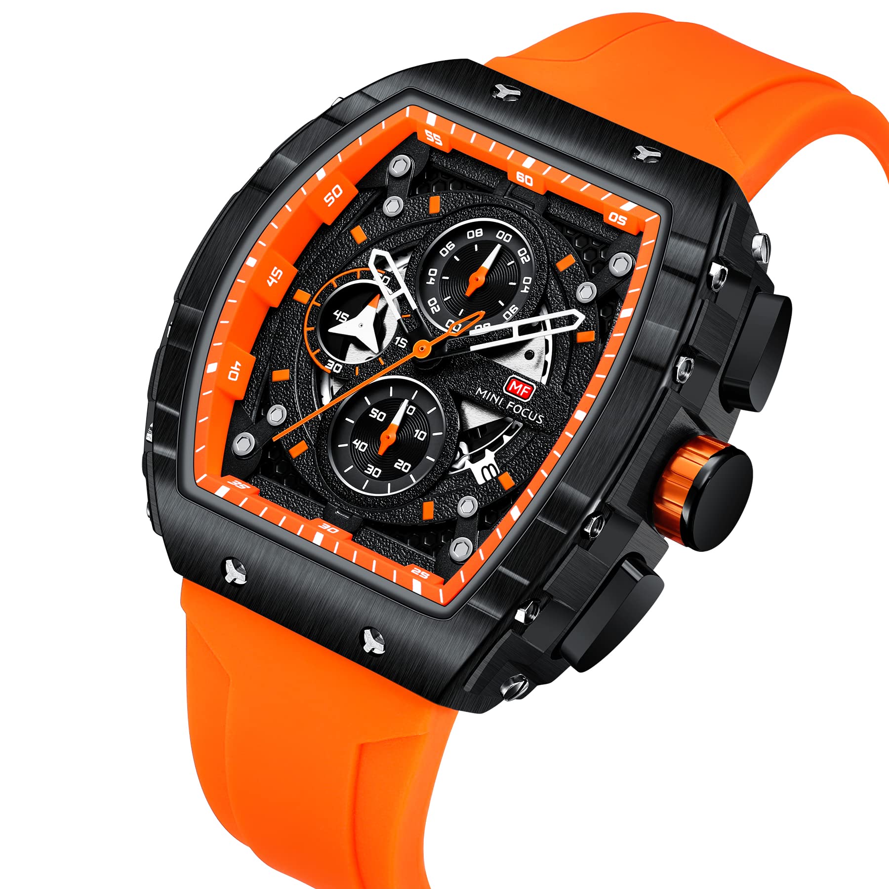 Mini Focus - Reloj cronógrafo único para hombre, estilo casual (hueco/impermeable/superluminoso/calendario), correa de silicona suave, reloj moderno para hombre
