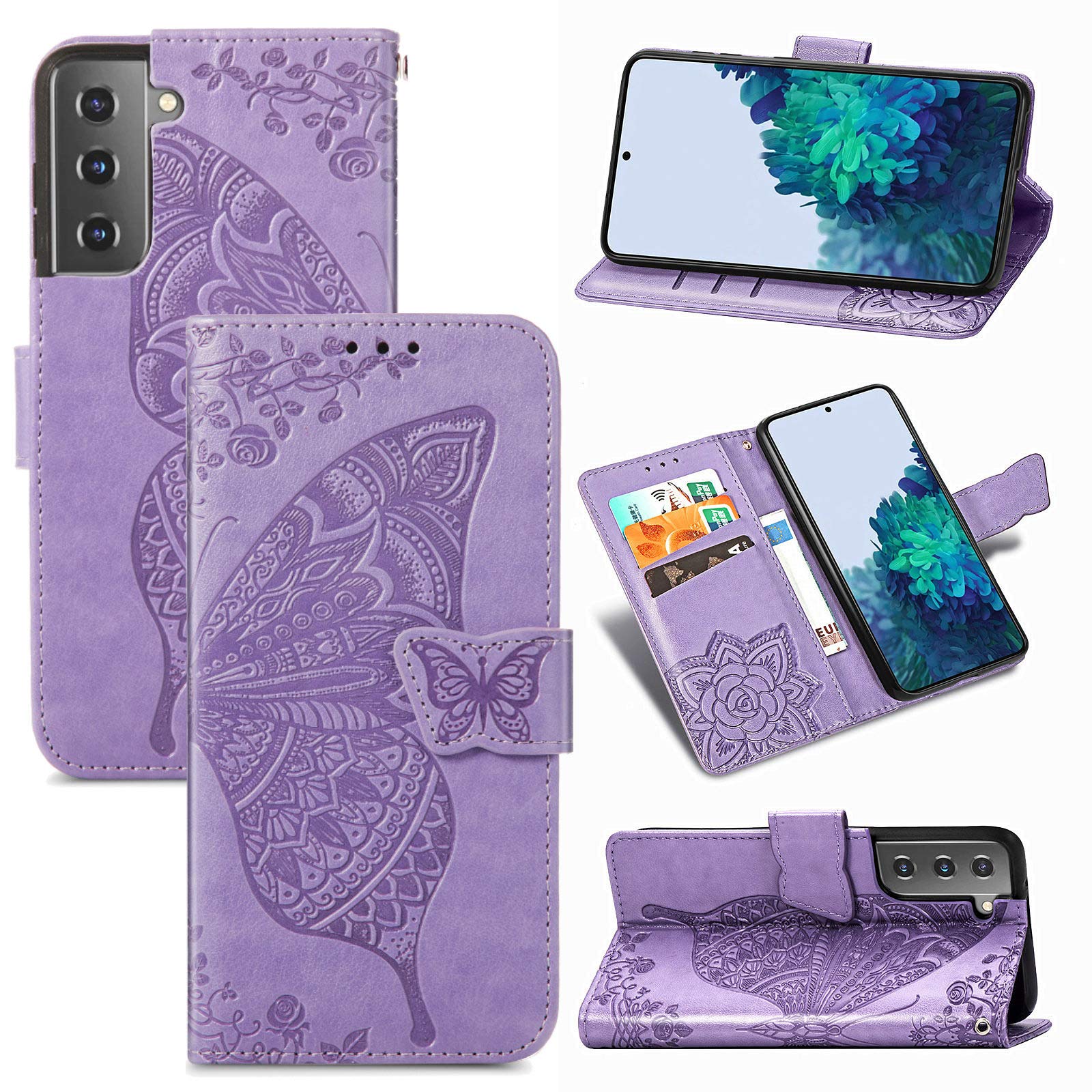 Photo 1 of (2 pack) for Samsung Galaxy S22 5G Case Magnetic Closure Wallet,Embossed Floral Butterfly Leather Folio Flip Case with Wristlet and Card Slot Shockproof Protective Cover for Women Girls-Purple A-Purple