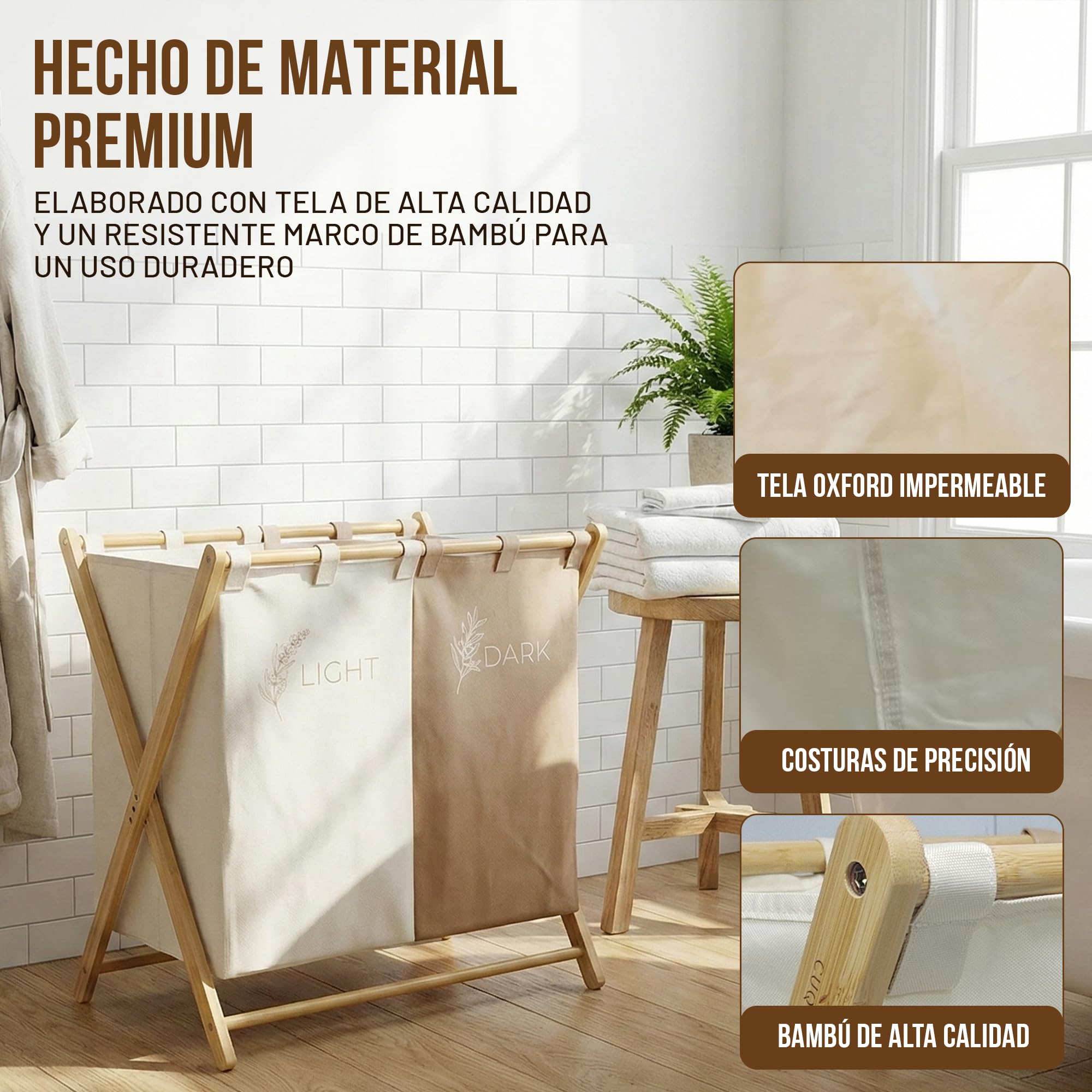 CUQUI Cesta Ropa Sucia Bambú, Cesta Ropa Sucia Dos Compartimentos XXL 155 Litros, Cesto Colada Doble Madera con Bolsas Extraíbles Lavables, Mueble Clasificador Familiar Grande para Baño