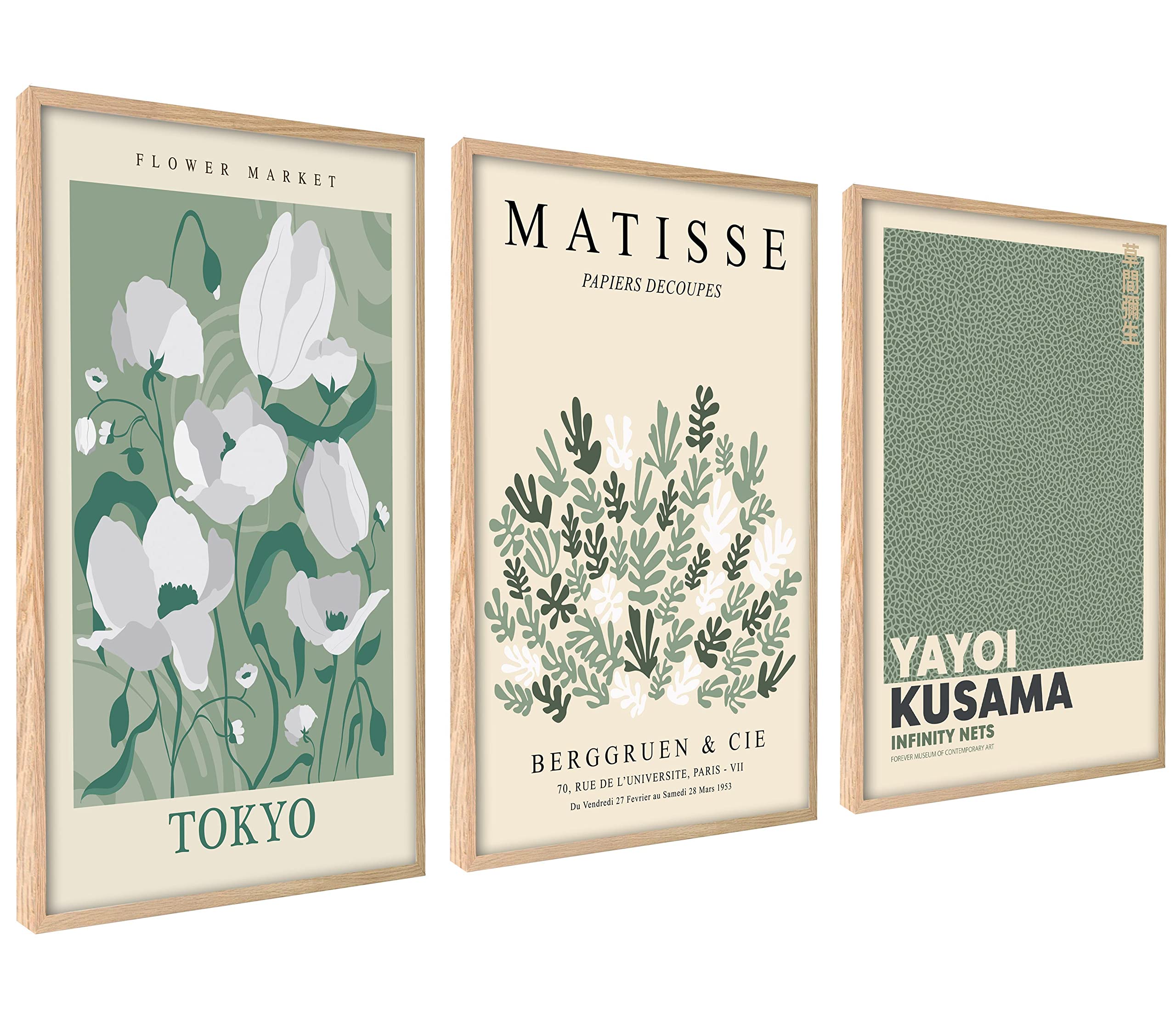 ag.art deco Pictures for Living Room | 40x50 cm Framed Wall Art | Posters with Wooden Frame | Canvas Wall Art for Hallway and Stairs | Room Decor | Set of 3 Artwork (Matisse Flowers)