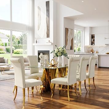 Gold Glass Dining Table Set for 8 with Chairs, 9 Pieces Dining Room Table Set, 78 Inch Glass Top Kitchen Table with 8 Gold and White Upholstered Dining Chairs for Dining Room, Kitchen