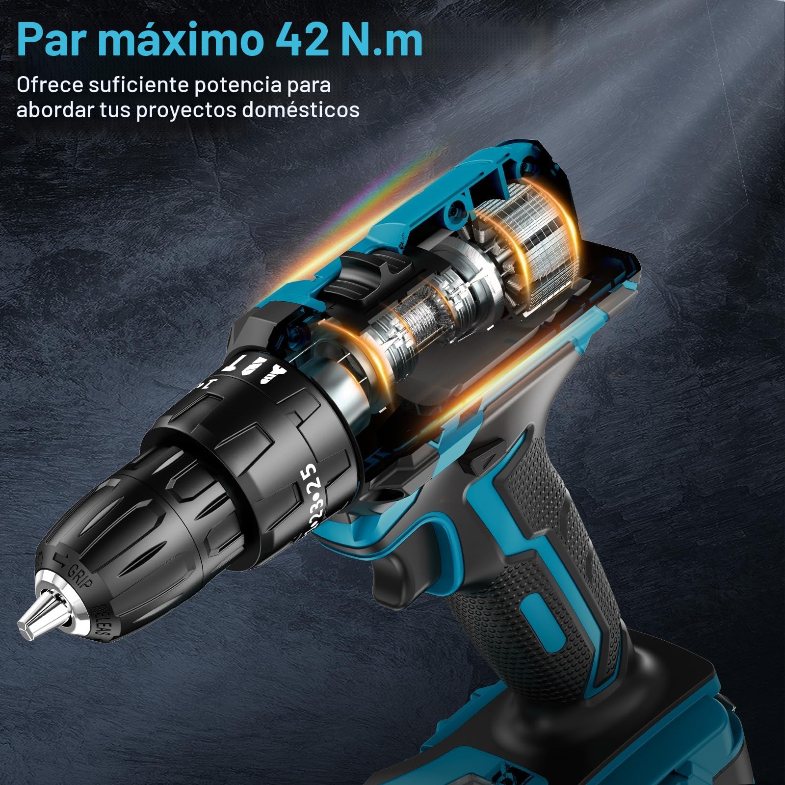 Taladro Percutor a Bateria 21V, LEEIKOO Taladro Atornillador Bateria, 42N.m Atornillador Electrico con Batería 2.0Ah, 25+3 Ajuste de Par, 24 Accesorios, 2 Velocidad, LED Luz Para Hogar, Bricolaje
