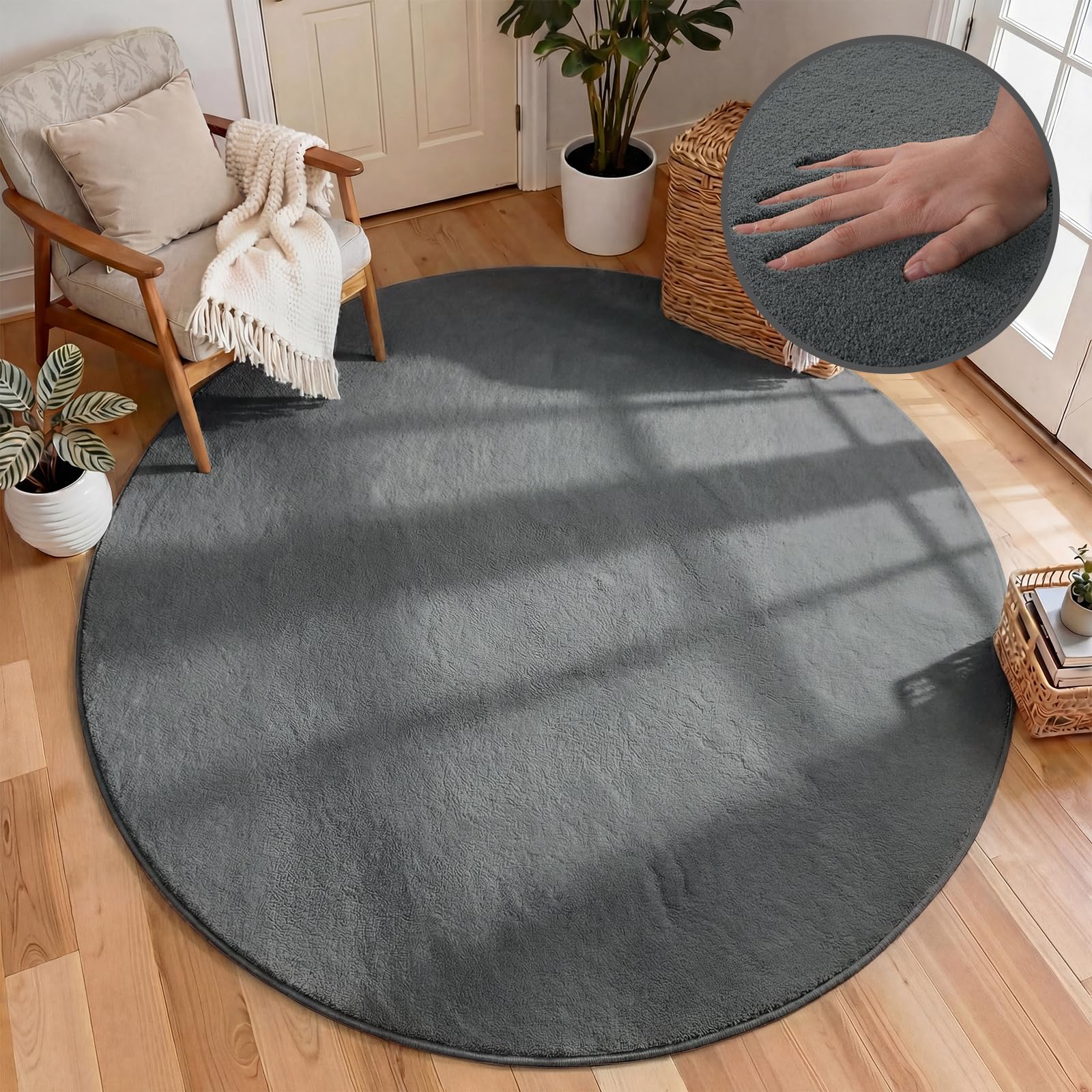Homcomodar Teppich Rund 160cm Tiefgrau Kurzflor Wohnzimmerteppich Modern Teppich Schlafzimmer Anti-Rutsch Flauschiger Teppiche für Wohnzimmer,Schlafzimmer,Kinderzimmer,Esszimmer,Küchenteppich
