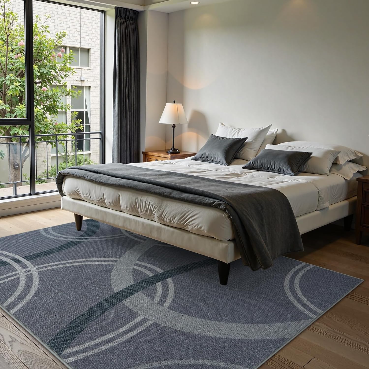 LIVEBOX Modern Easy Jute 5x7 Area Rugs, Grey Geometric Circles Washable Rug for Living Room Bedroom, Non-Slip Low Pile Indoor Outdoor Rug for Dining Room Office Contemporary Floor Mat Carpet