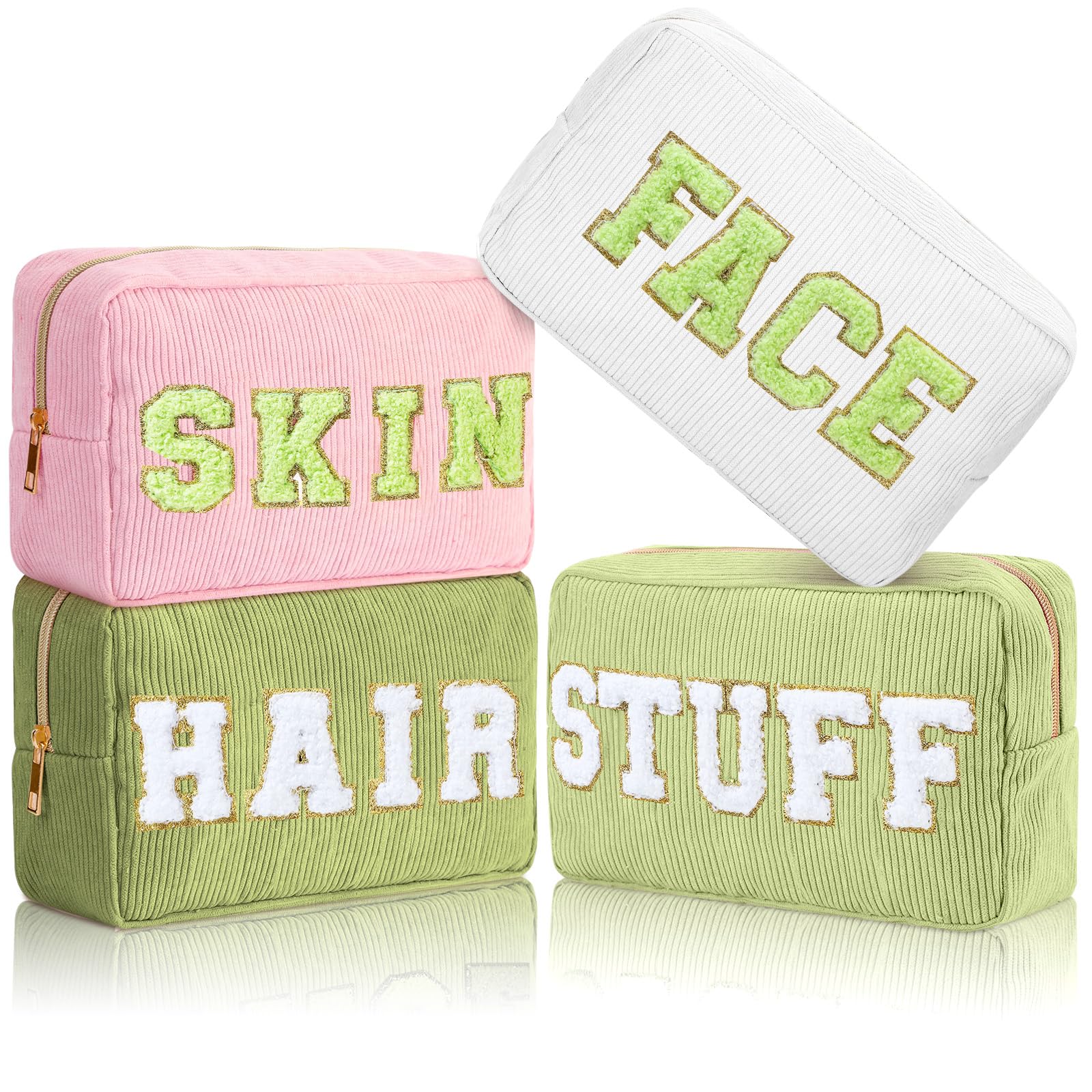 Pinkunn 4-Piece Chenille Letter Cosmetic and Toiletry Bags