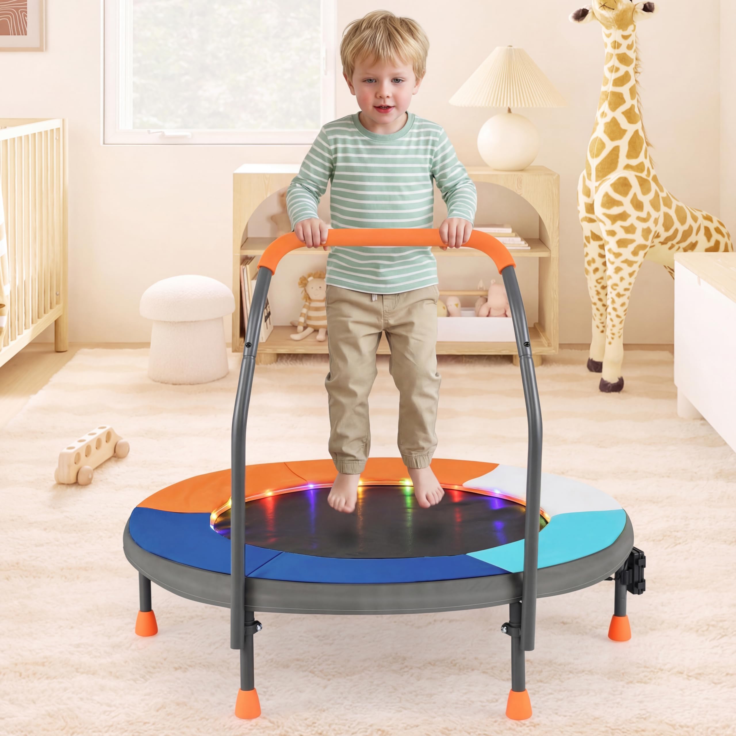 COSTWAY Trampolina dla dzieci o średnicy 90 cm, składana, z oświetleniem LED, z uchwytem i torbą do przenoszenia, mała trampolina ogrodowa, dla dzieci od 3 lat (ciemnoniebieska)