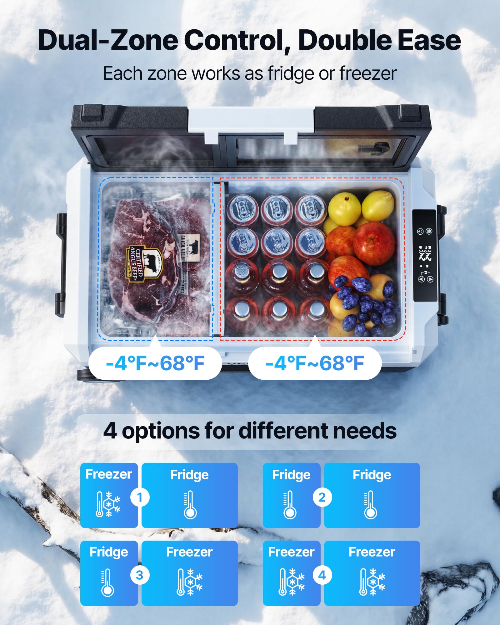 VEVOR Frigorifero Portatile a Compressore da Auto CC 12V/24V CA 100-240V, Frigo Portatile per Campeggio Viaggio Pesca Capienza 55 Litri Contenitore -20 a 20 °C Doppia Zona per Caravan